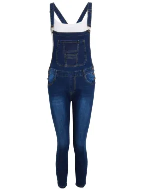 Girls Slim Fit Stretch Dark Denim Blue Dungarees, Ages 7 to 16 Years