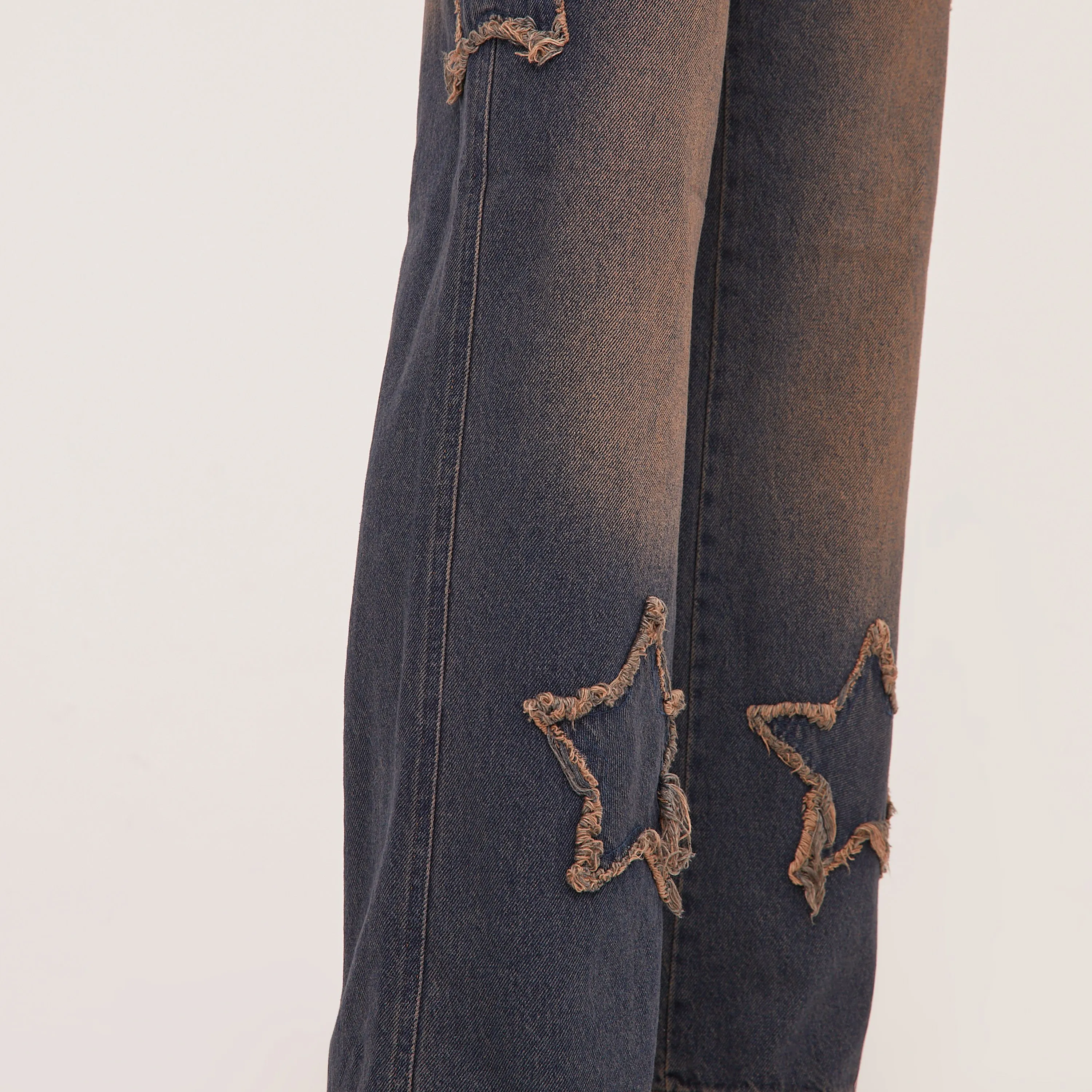 High Waist Distressed Star Detail Straight Leg Jeans In Dark Blue Denim