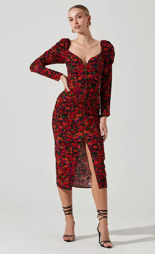 Jamila Floral Sweetheart Neck Midi Dress