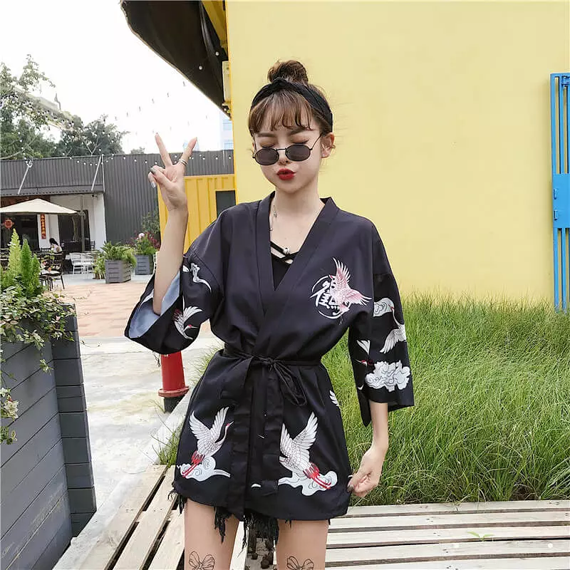 JAPANESE RETRO RED-CROWNED CRANE PRINT SHIRT BY98053