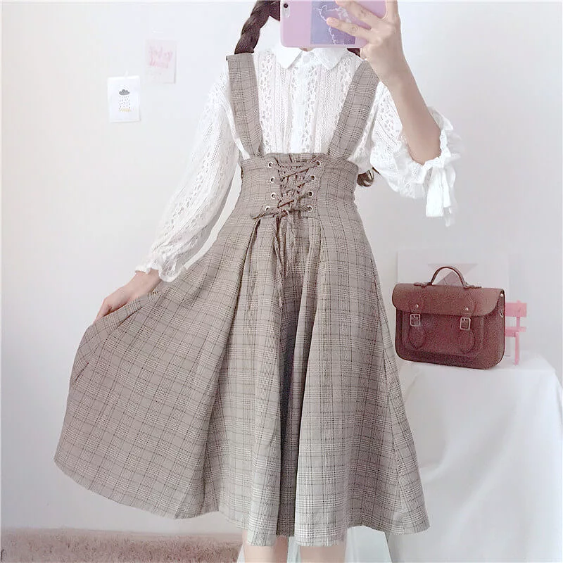 JAPANESE SWEET SOFTGIRL LACE SHIRT & PLAID SUSPENDERS DRESS BY98052