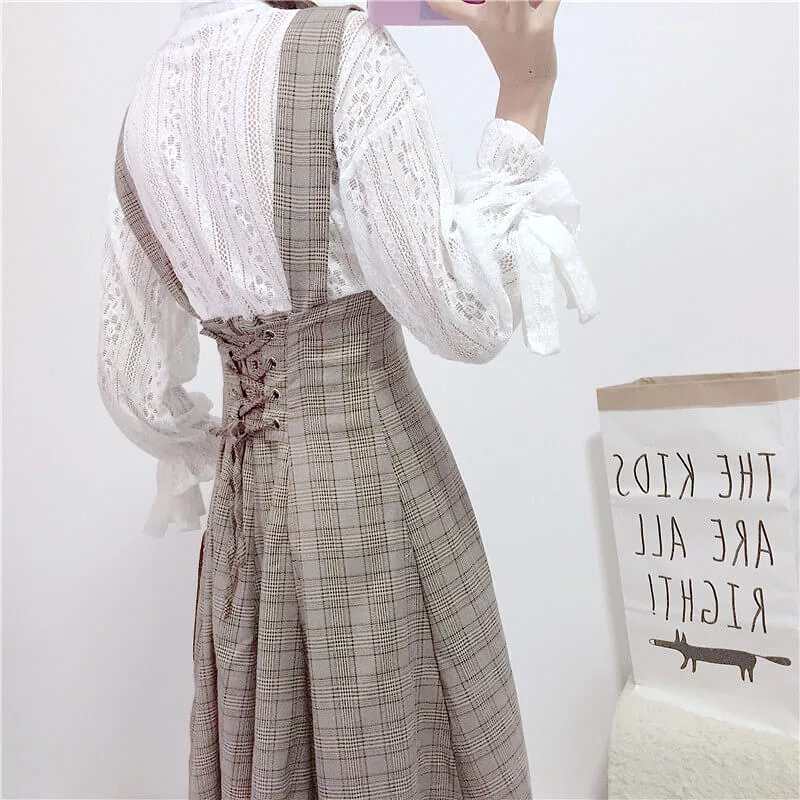 JAPANESE SWEET SOFTGIRL LACE SHIRT & PLAID SUSPENDERS DRESS BY98052