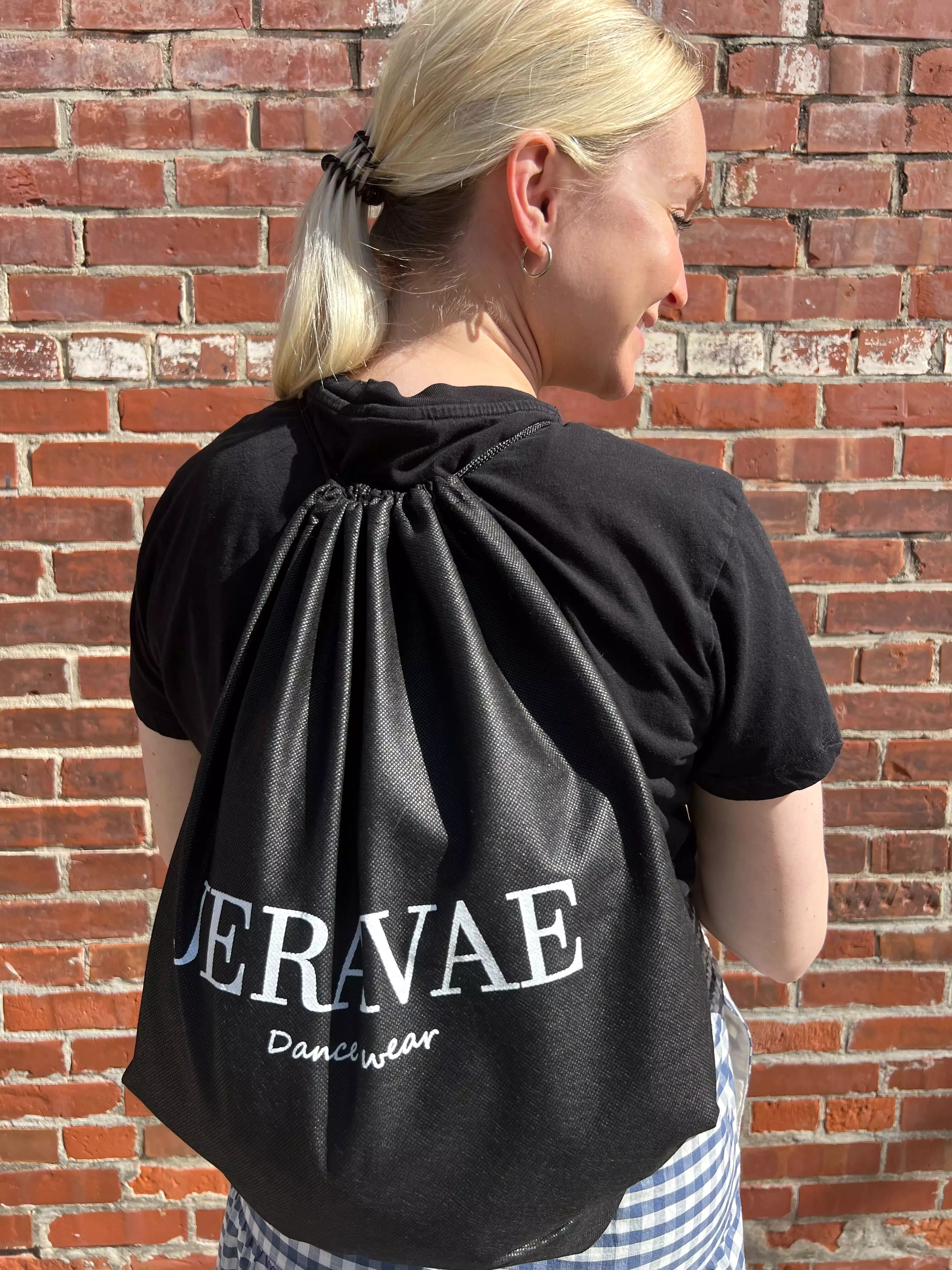 JERAVAE dance wear Large Carry All Bag Dance Shoe Bag with Backpack Pull Strings in Black with White Logo