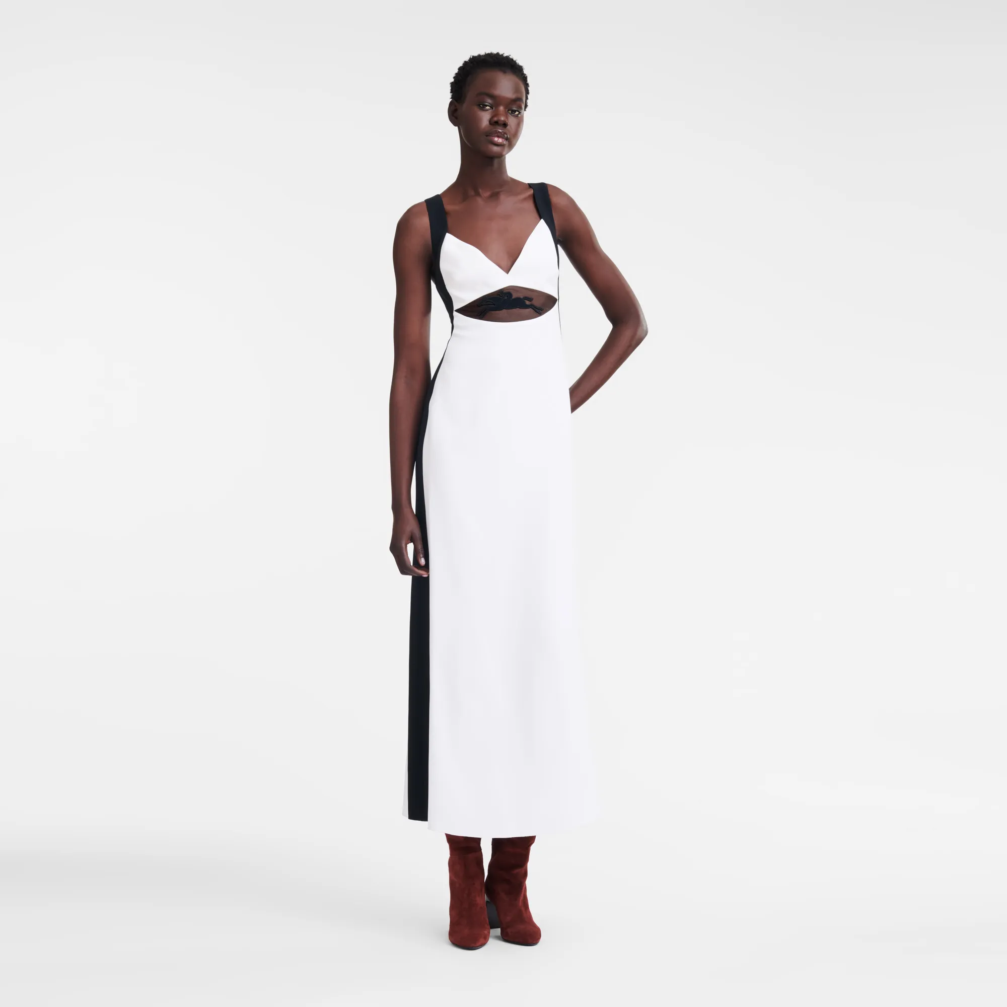 Long dress with belt patch White/Black - Crepe