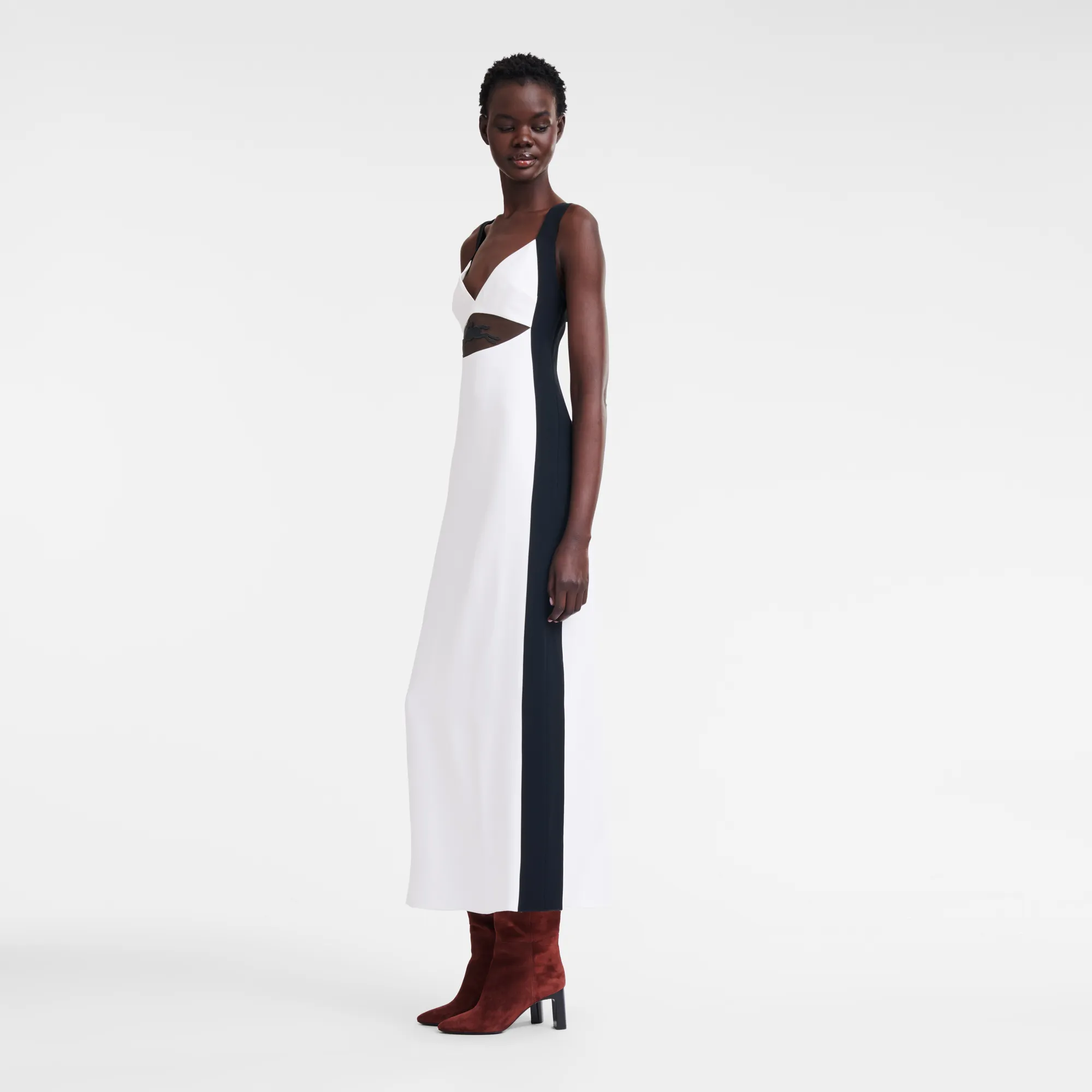 Long dress with belt patch White/Black - Crepe