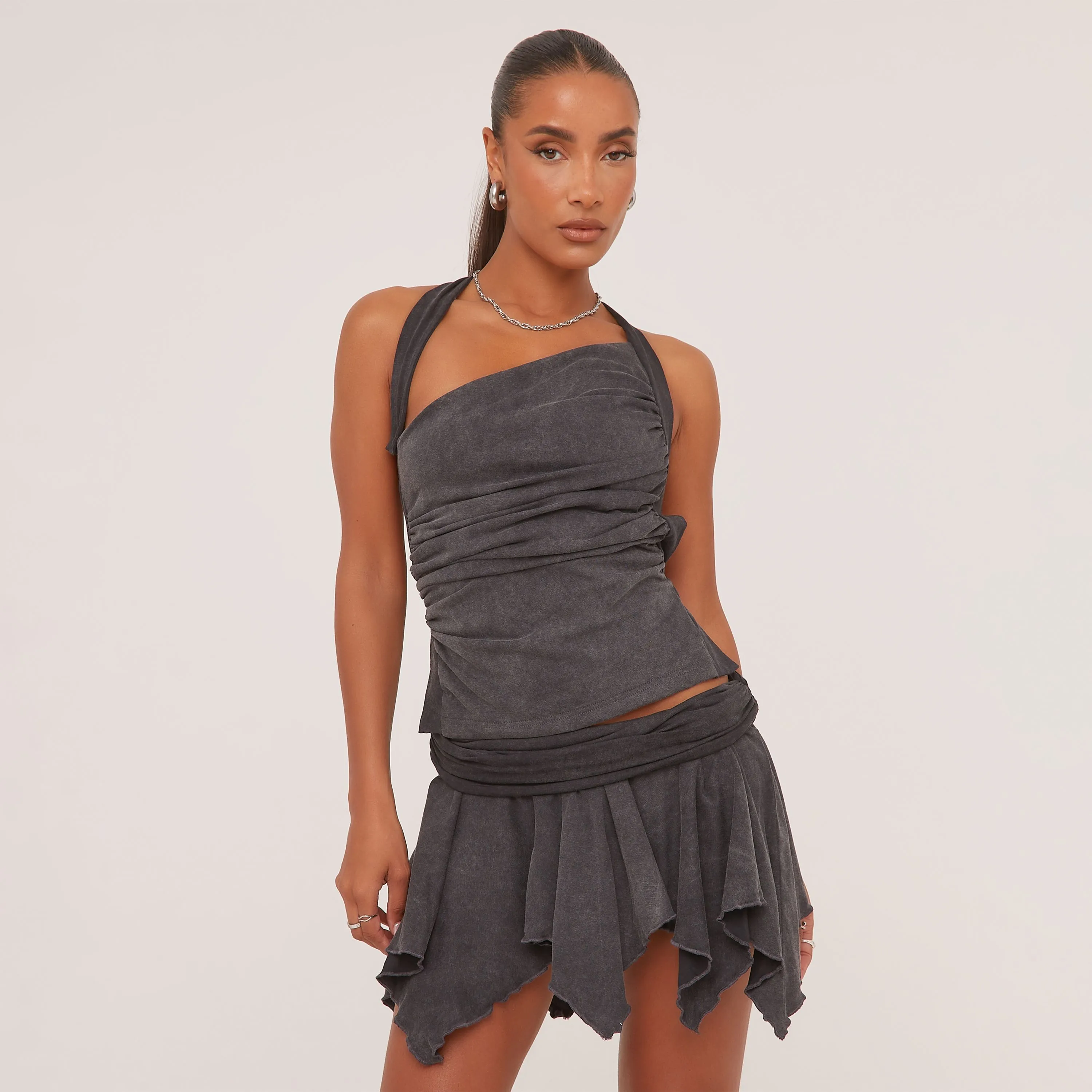 Low Rise Fold Over Flippy Mini Skirt In Grey Acid Wash