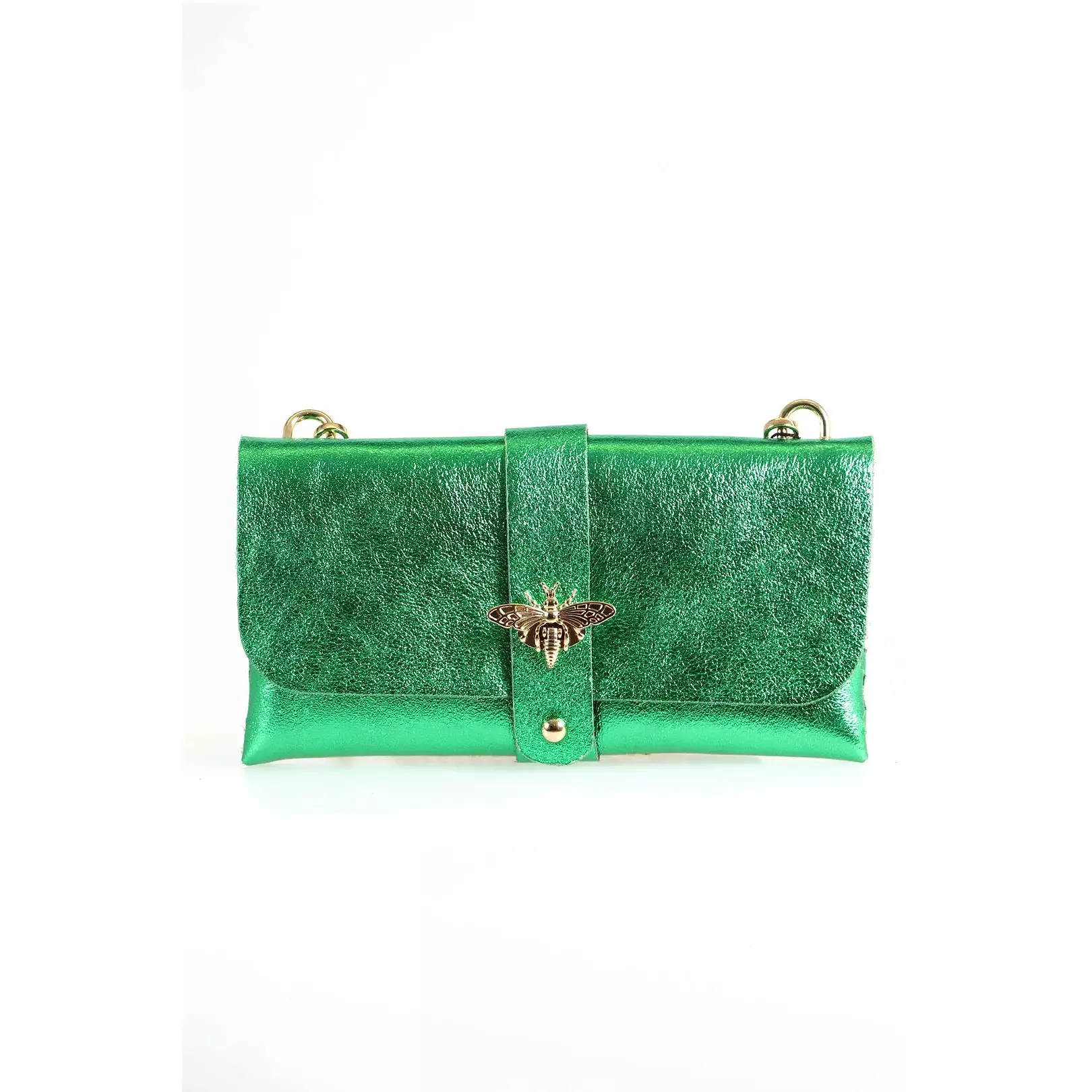 Metallic Emerald Green Leather Clutch Bag with Gold Bee & Chain Strap