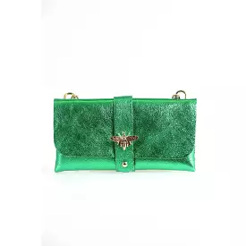 Metallic Emerald Green Leather Clutch Bag with Gold Bee & Chain Strap