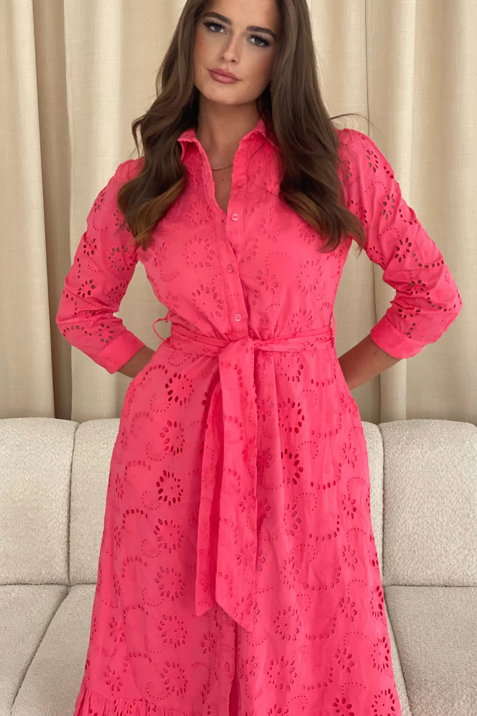 Michelle Broidery Shirt Maxi Dress Coral