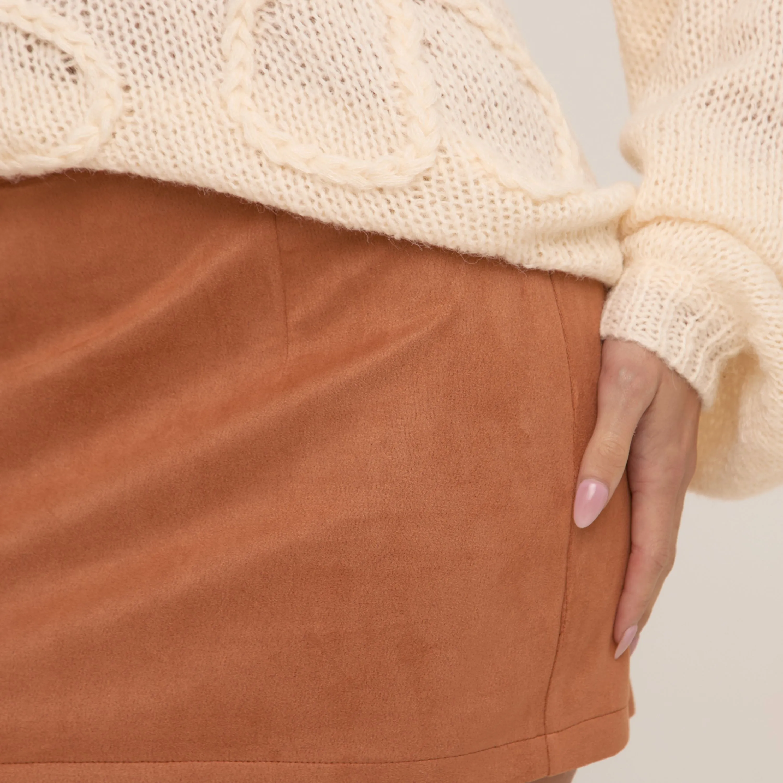 Mid Rise Mini Skirt In Tan Brown Faux Suede