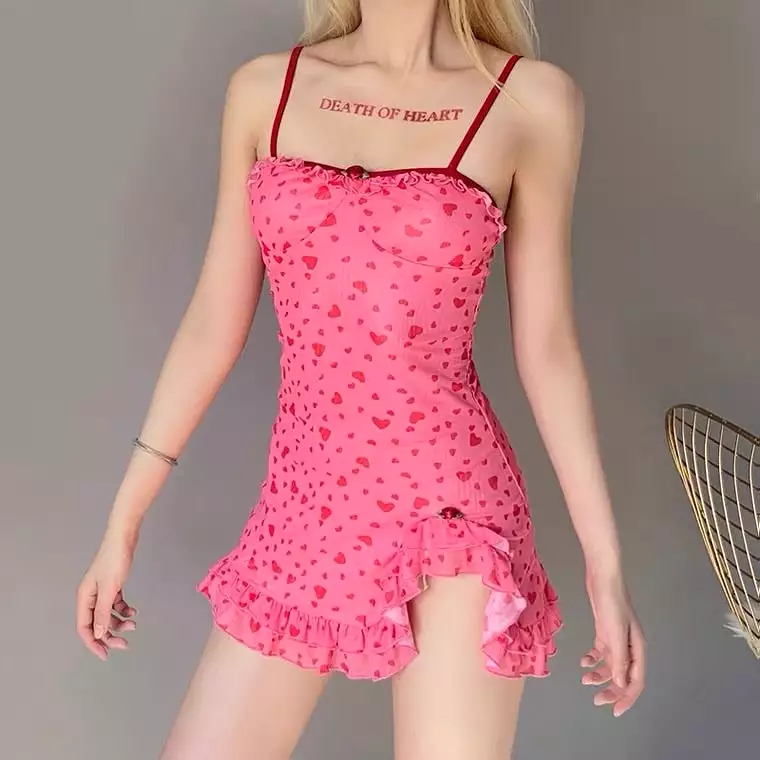 NEW SWEET PINK HEART LACE SLIM DRESS BY30001