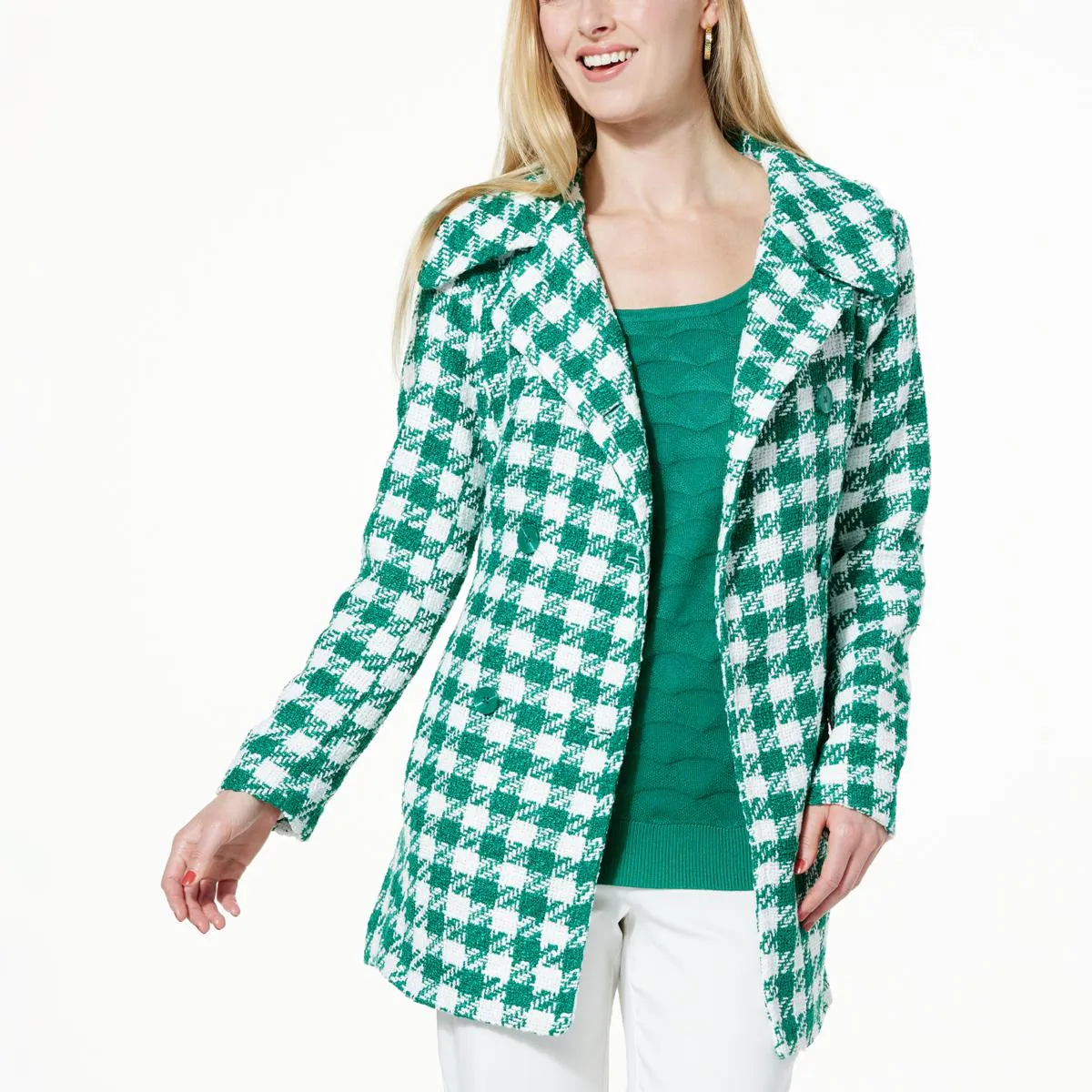      Nina Leonard Belted Houndstooth Coat     