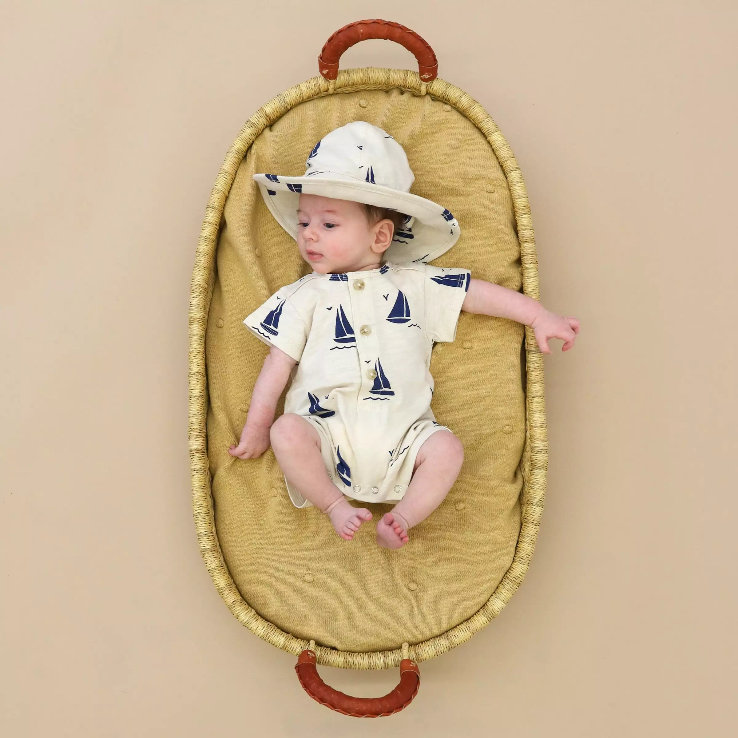 oh baby! Slub Sun Hat - Navy Sailboat Print - Oat