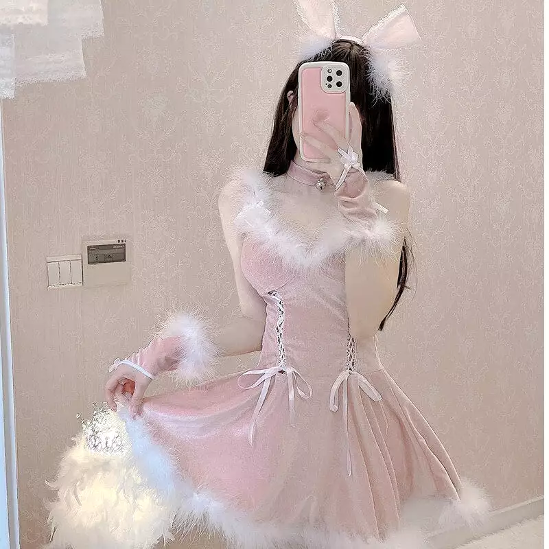 Pink Sexy bandage Plush suspender dress by0399