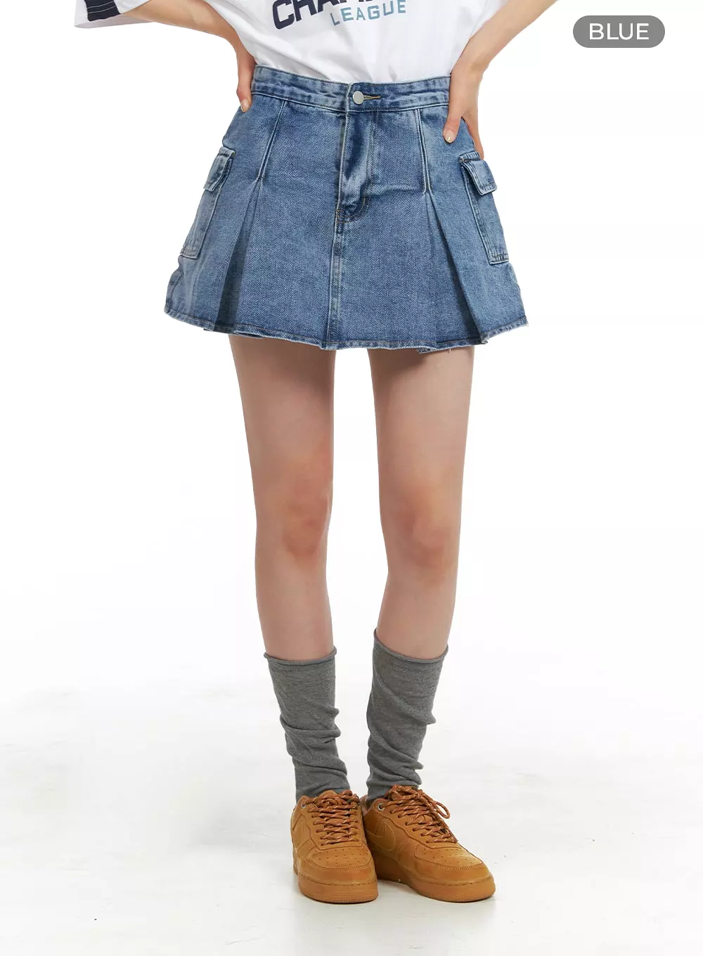 Pleated Denim Cargo Mini Skirt OM418