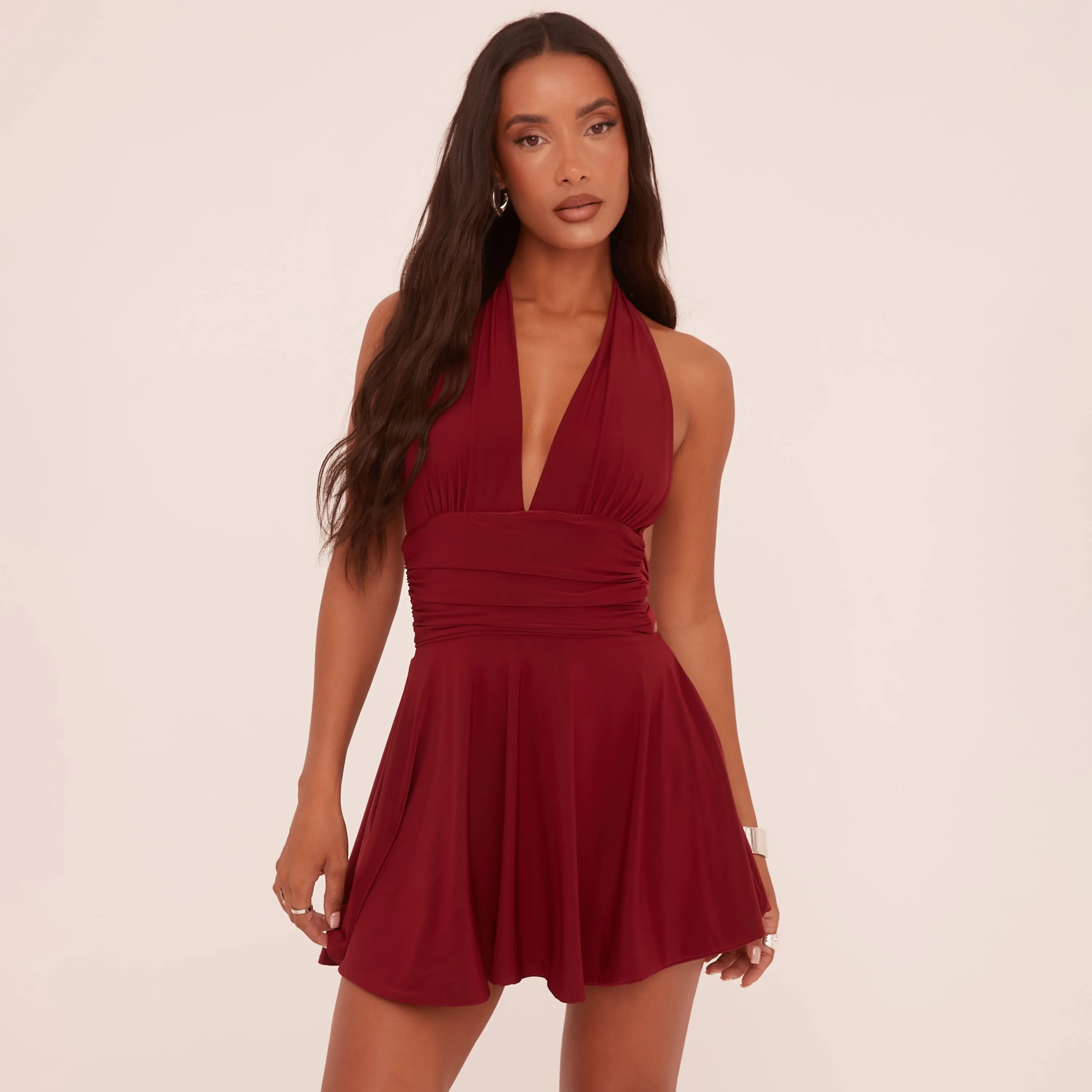 Plunge Halterneck Open Back Flippy Hem Mini Skater Dress In Wine Slinky