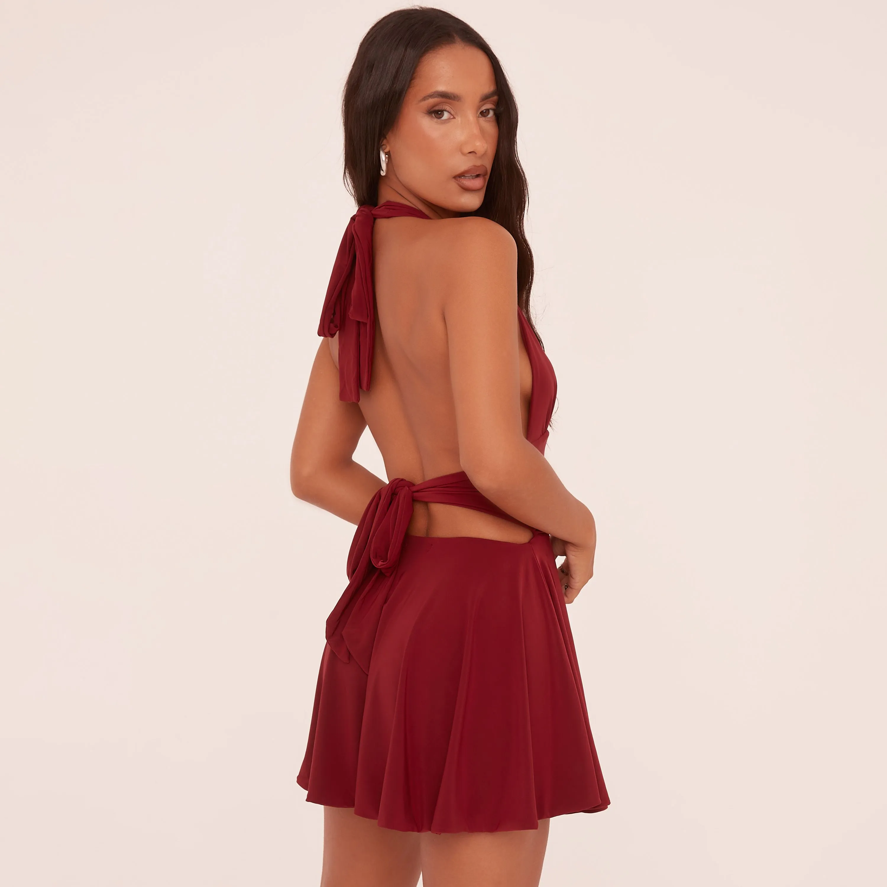 Plunge Halterneck Open Back Flippy Hem Mini Skater Dress In Wine Slinky