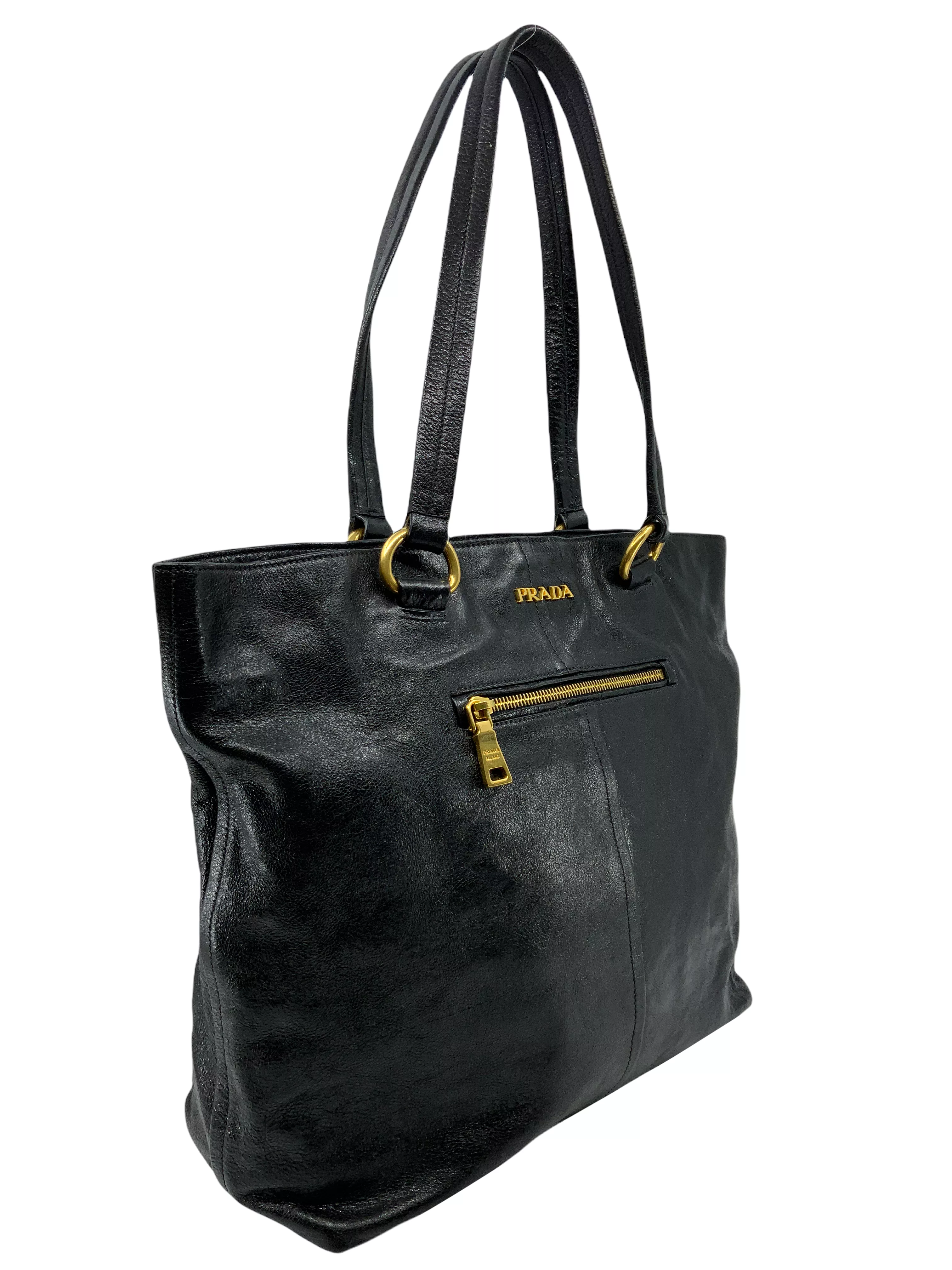 Prada Glazed Leather Front Zip Tote Bag