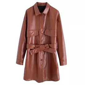 PU Leather Pocket Detailed Belted Shirt Dress in Brown