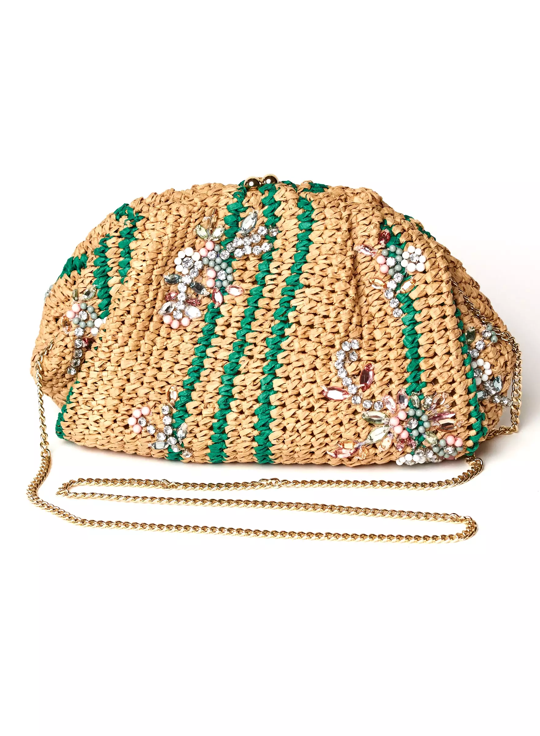 Raffia & Bead Beige-Green Clutch Bag