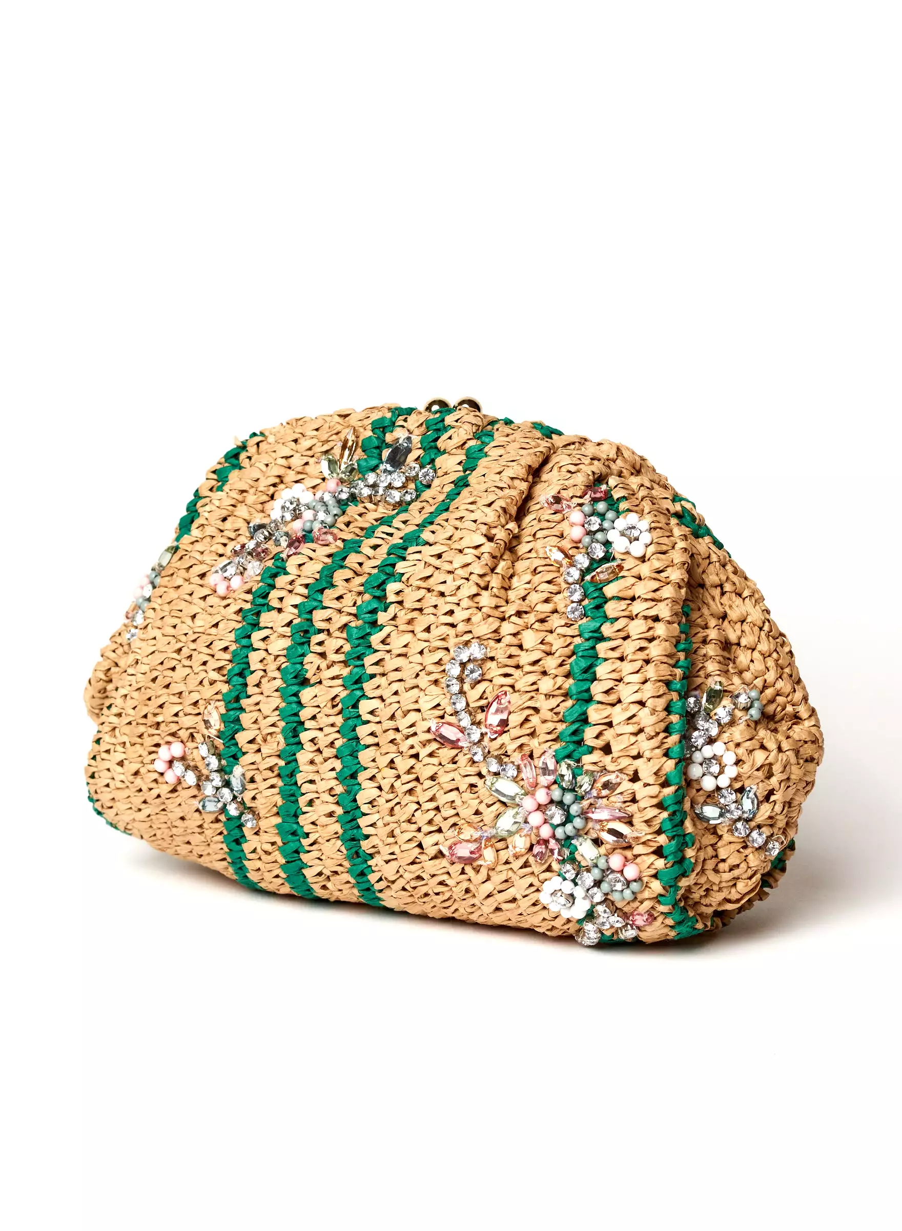 Raffia & Bead Beige-Green Clutch Bag