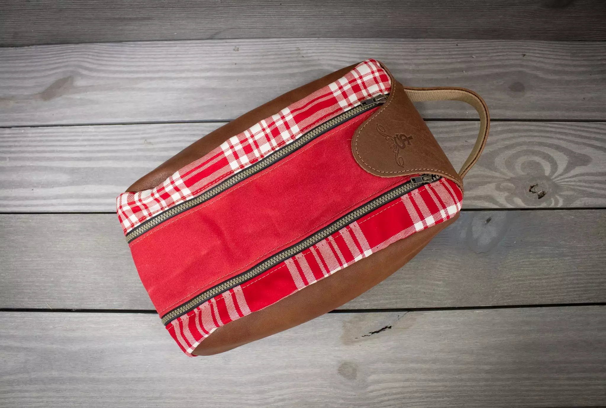 Red and White Menzies Tartan and Natural Leather Shoe Bag