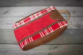 Red and White Menzies Tartan and Natural Leather Shoe Bag