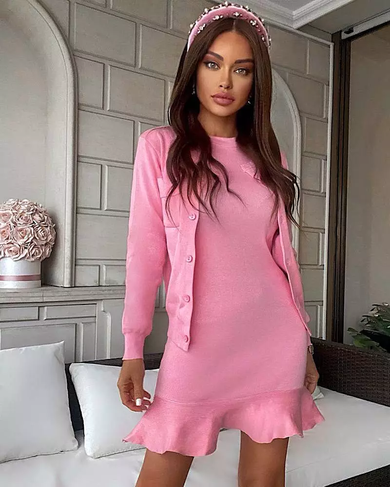 Ribbed Knit Flared Hem Bodycon Dress and Cardigan Two Piece Set in Pink