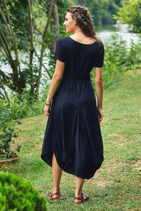 Round Neck Big Pockets Half Sleeve Black Dress