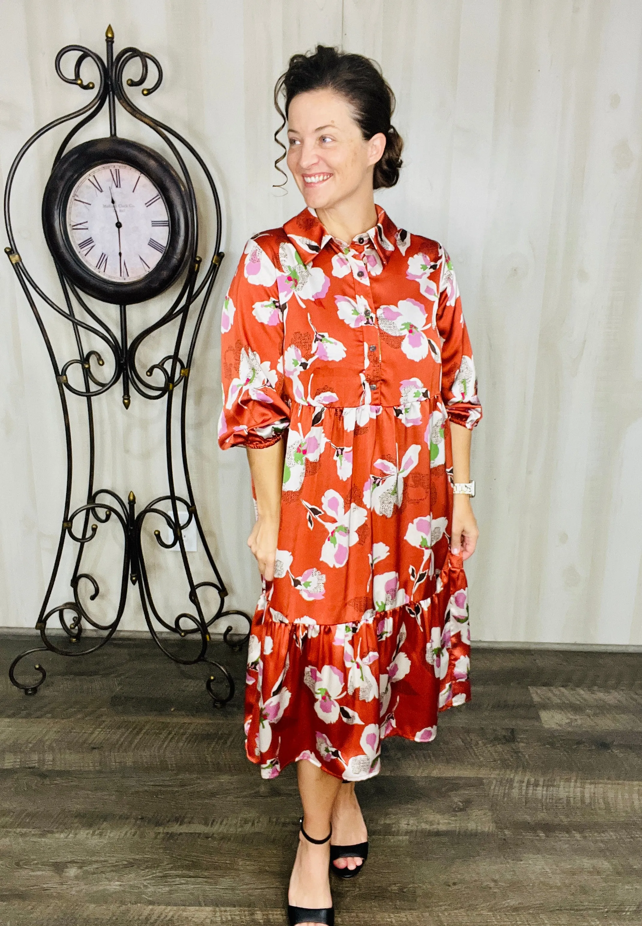 Rust & Floral Midi Dress