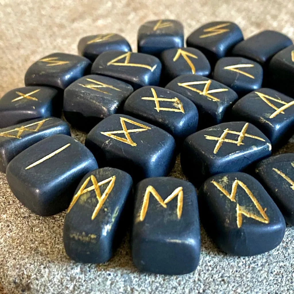 Shungite Rune Set in Natural Linen Drawstring Bag