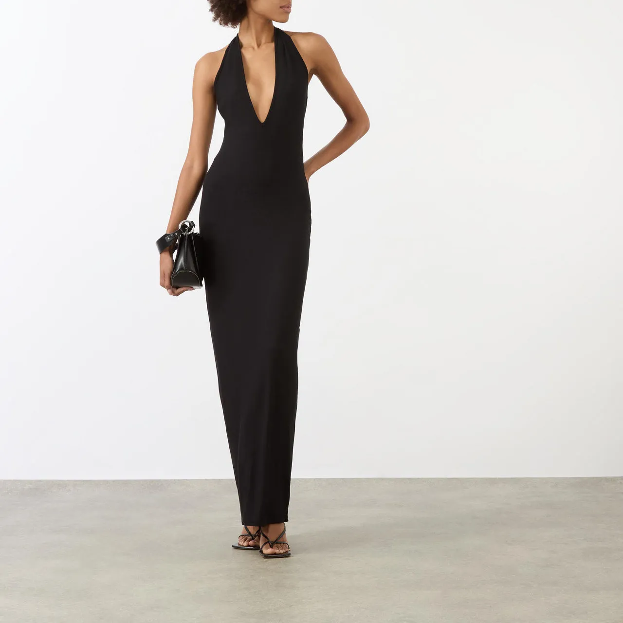 SKIMS SOFT LOUNGE Deep Plunge Halter Maxi Dress Onyx - Black