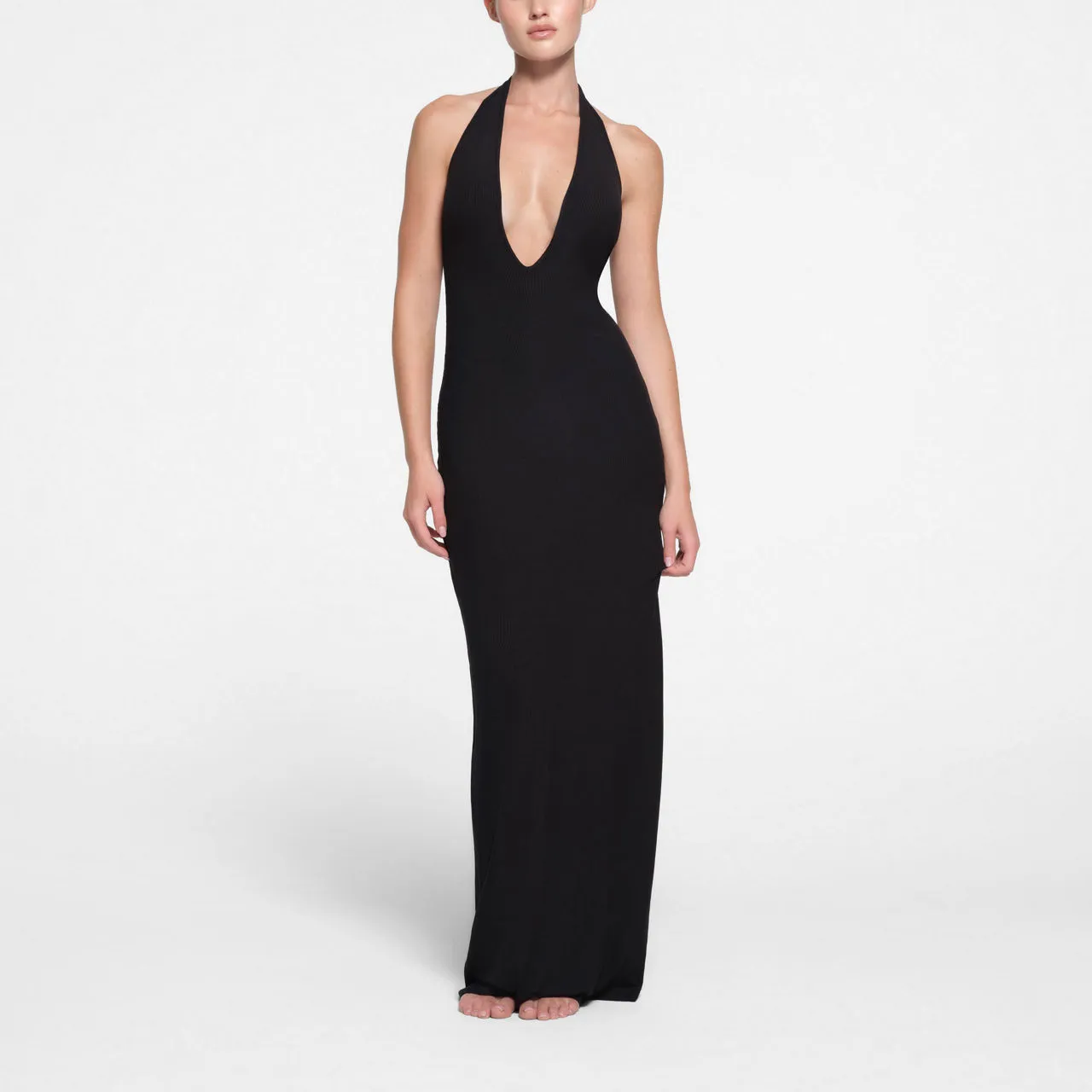 SKIMS SOFT LOUNGE Deep Plunge Halter Maxi Dress Onyx - Black