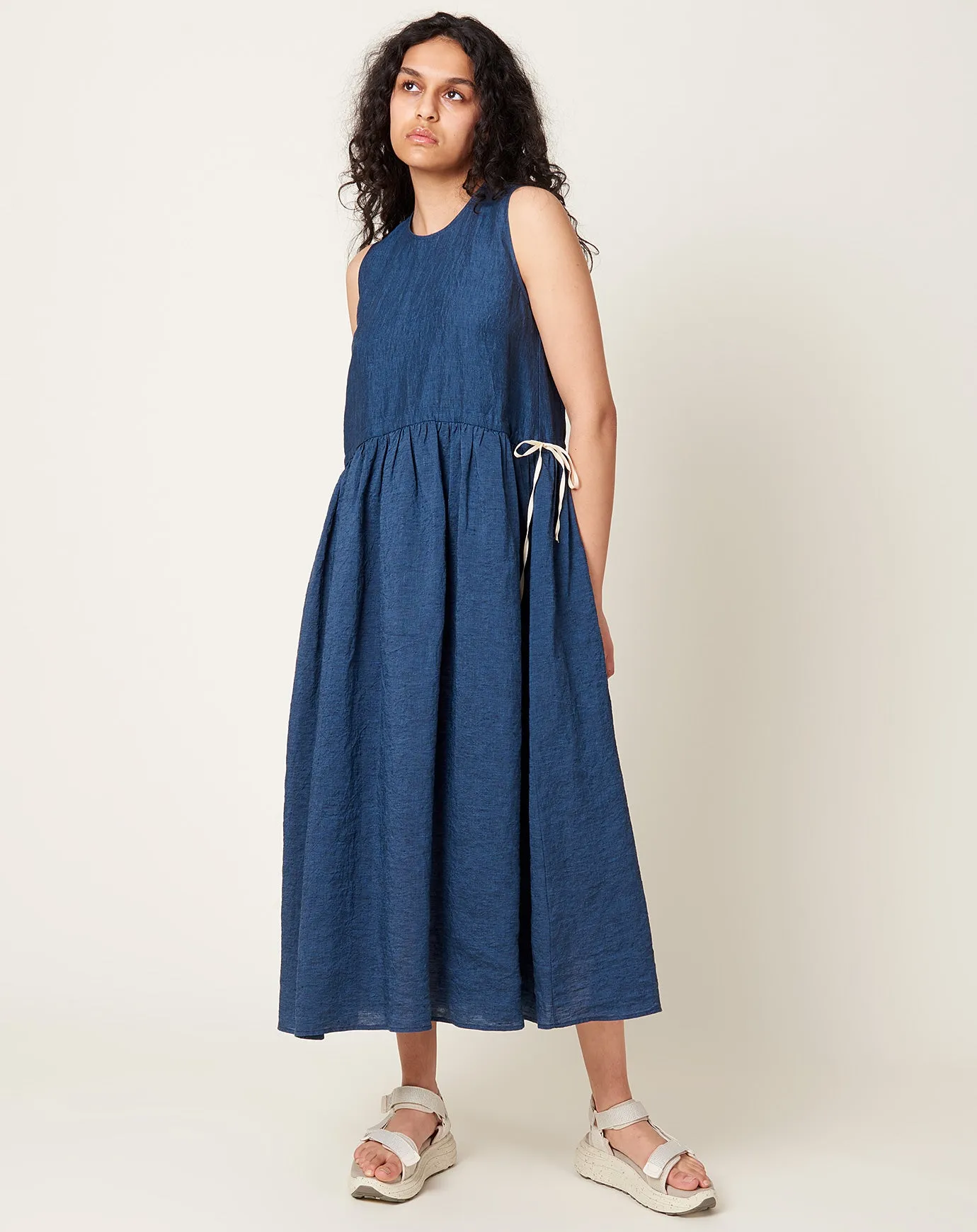 Sleeveless Drawstring Dress in Denim Chambray Linen