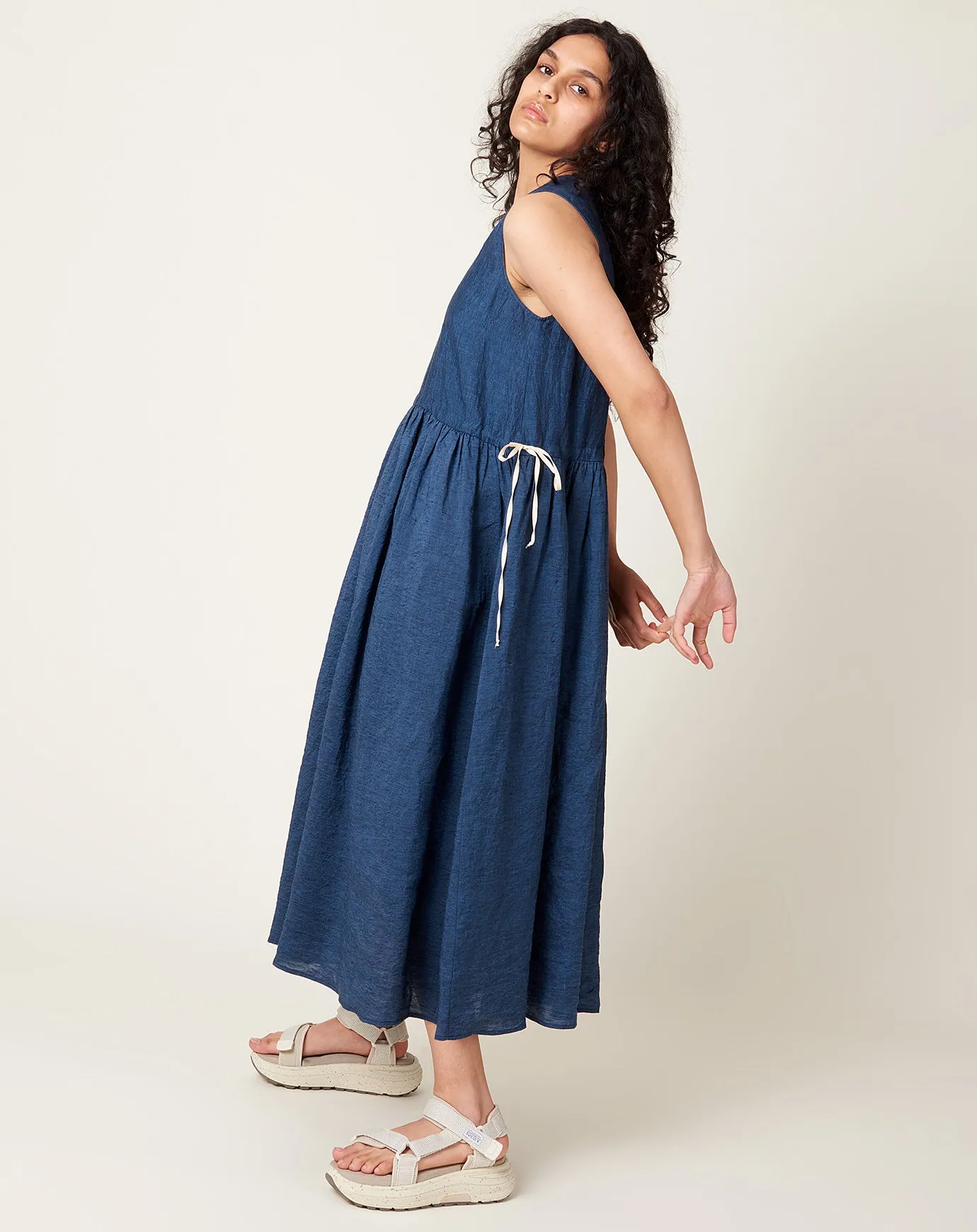 Sleeveless Drawstring Dress in Denim Chambray Linen