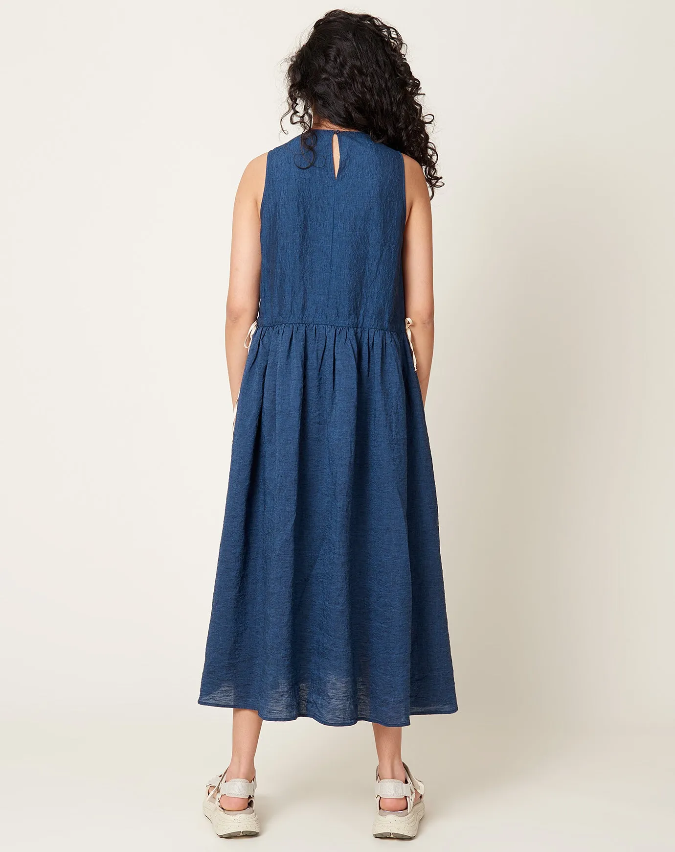 Sleeveless Drawstring Dress in Denim Chambray Linen