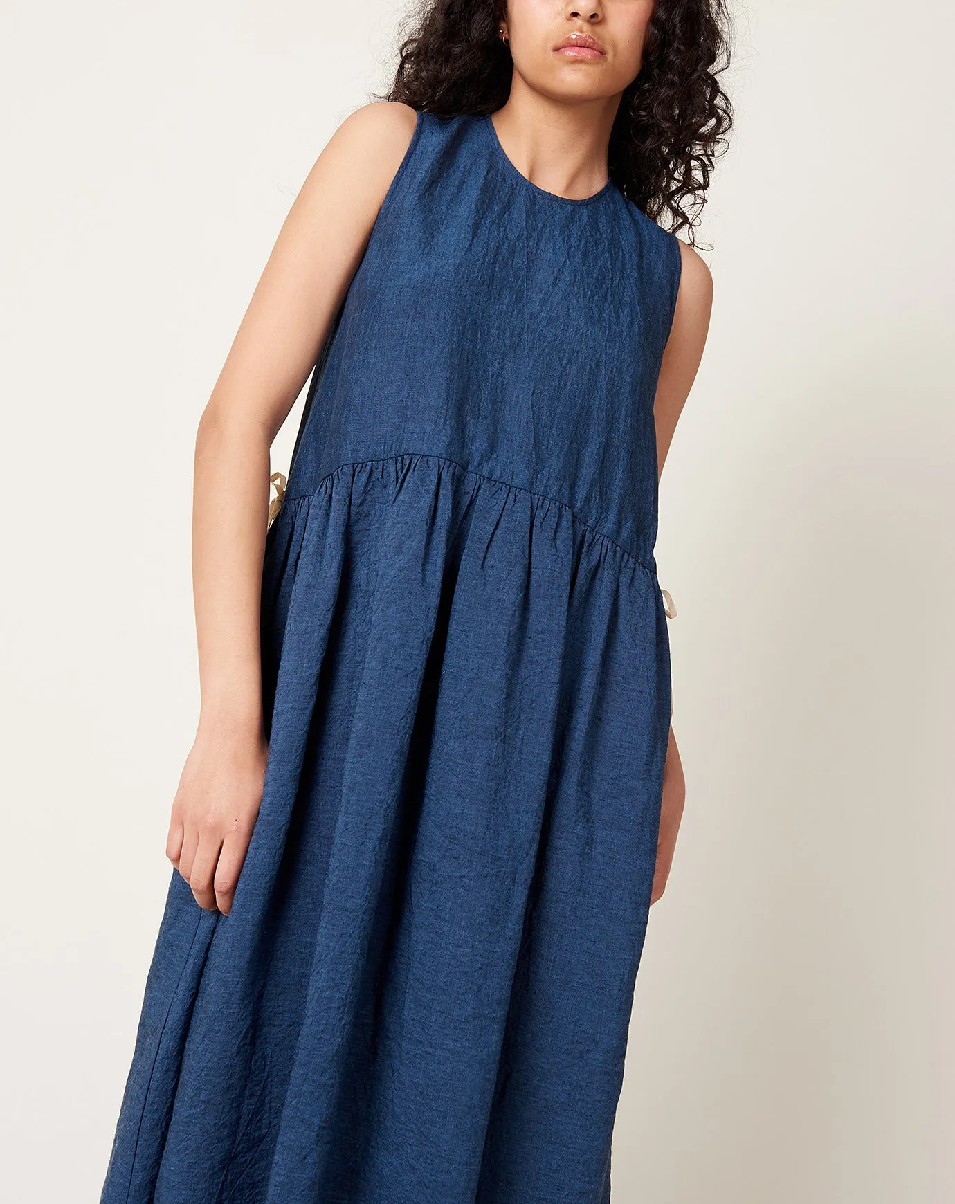 Sleeveless Drawstring Dress in Denim Chambray Linen