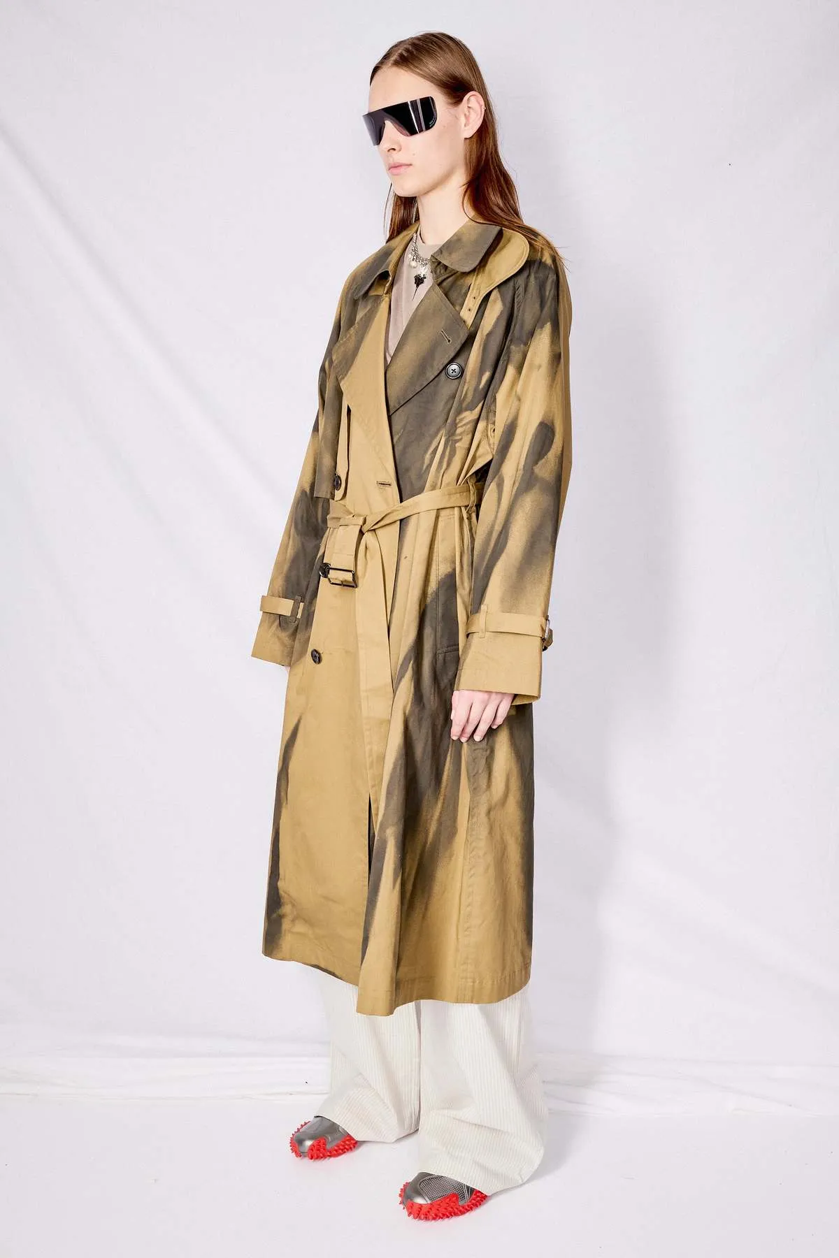 Spray Printed Trench Coat - Khaki