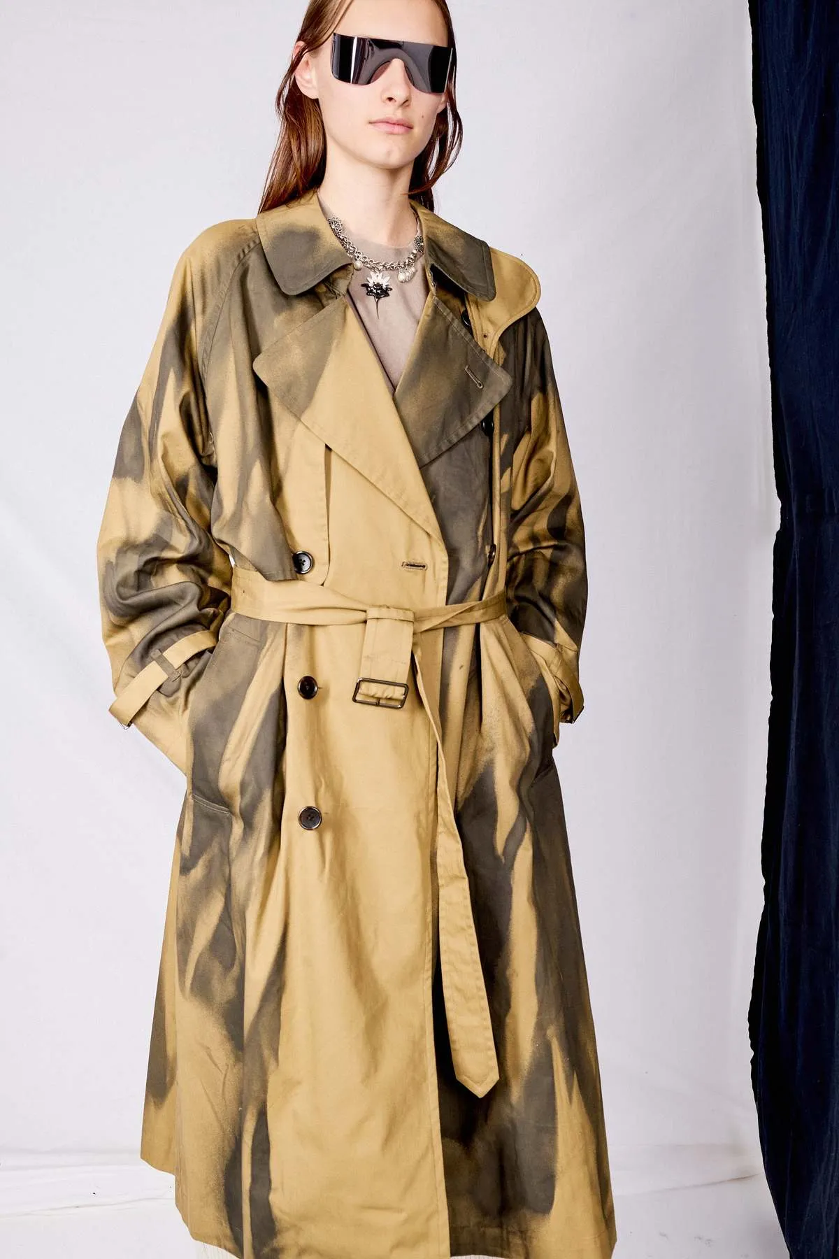 Spray Printed Trench Coat - Khaki