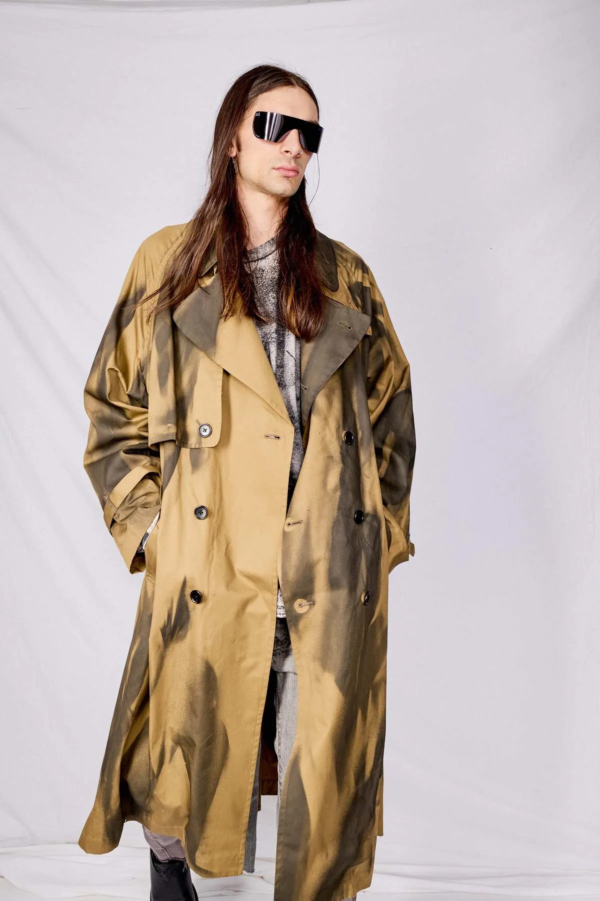 Spray Printed Trench Coat - Khaki