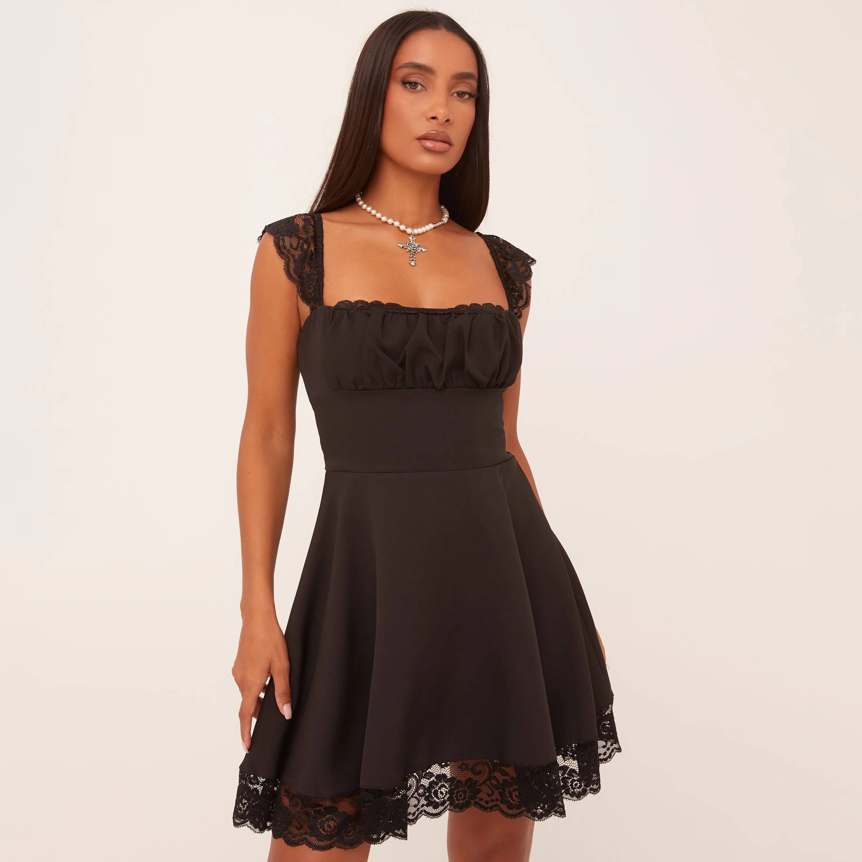 Square Neck Ruched Bust Lace Trim Detail Mini Skater Dress In Black Woven