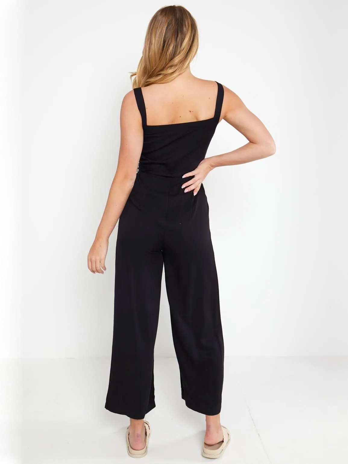 Strappy Wide Leg Twill Jumpsuit, Black, Stone, UK Sizes 8 to 14