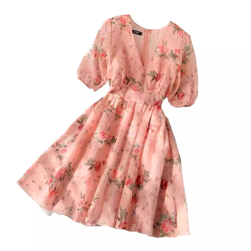 SWEET PINK FLOWER PRINT V-COLLAR DRESS BY32202