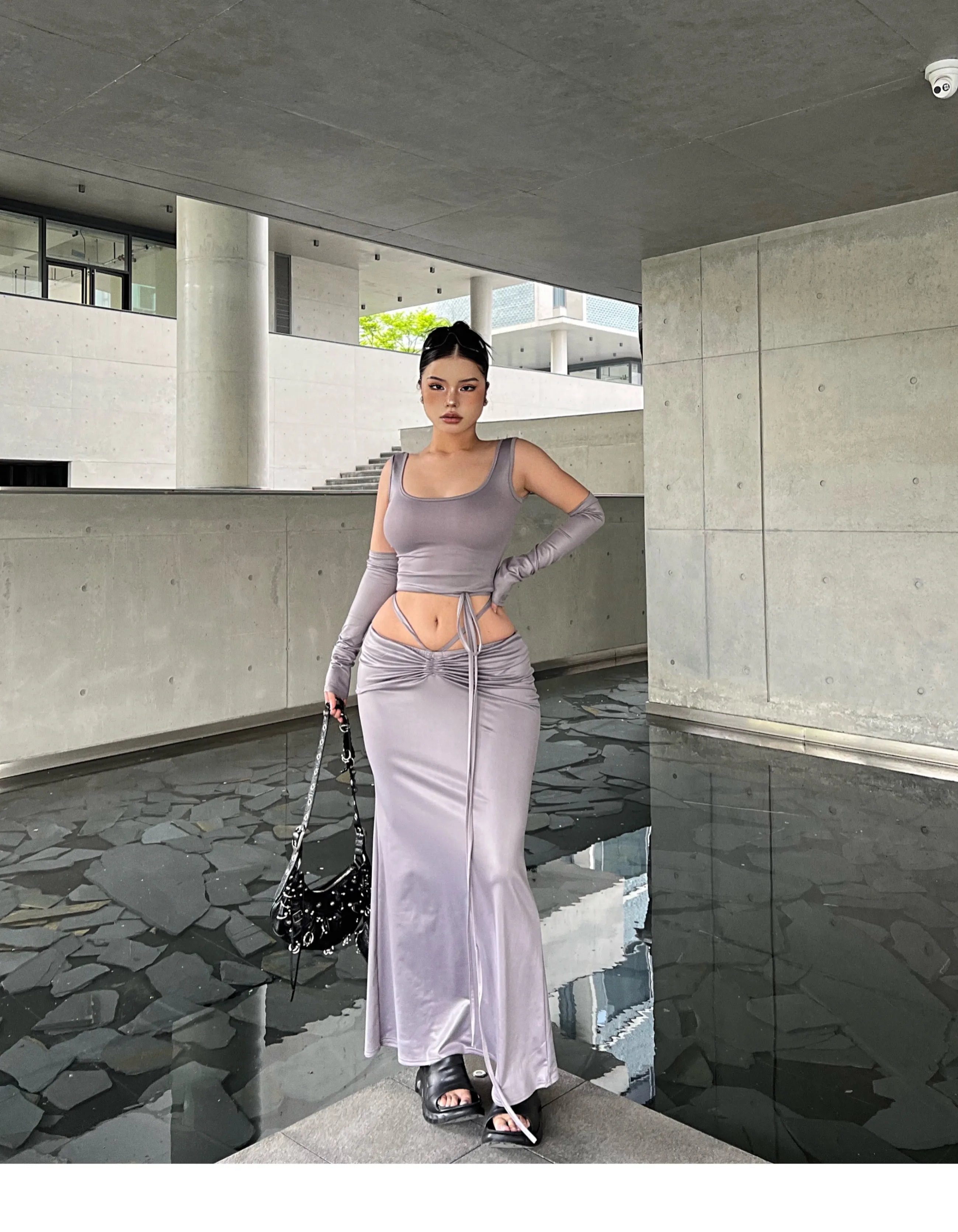 SYNEZ Solid Color Metallic Slim Cropped Top + Drawstring Tie Up Fishtail Long Skirt Matching Set