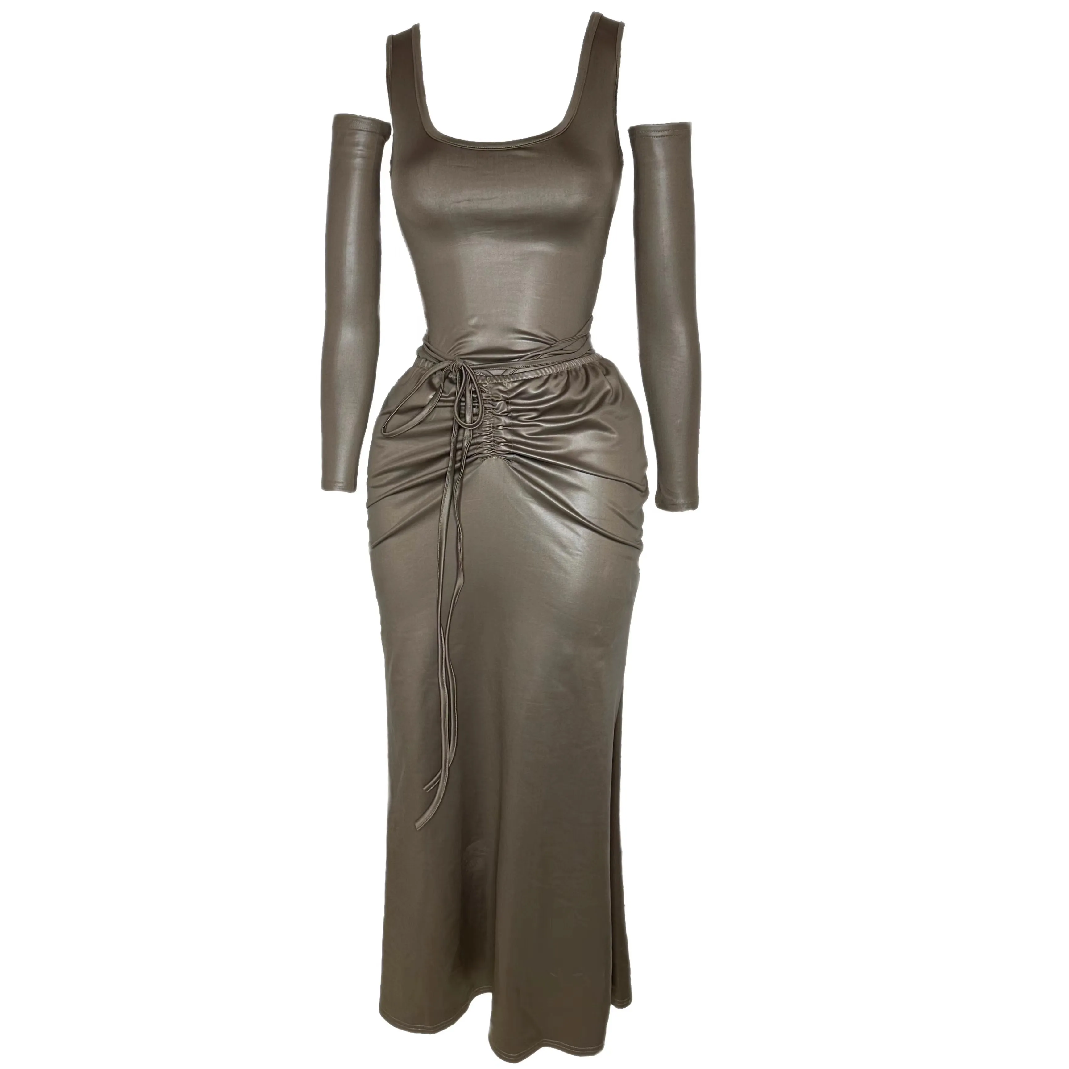 SYNEZ Solid Color Metallic Slim Cropped Top + Drawstring Tie Up Fishtail Long Skirt Matching Set