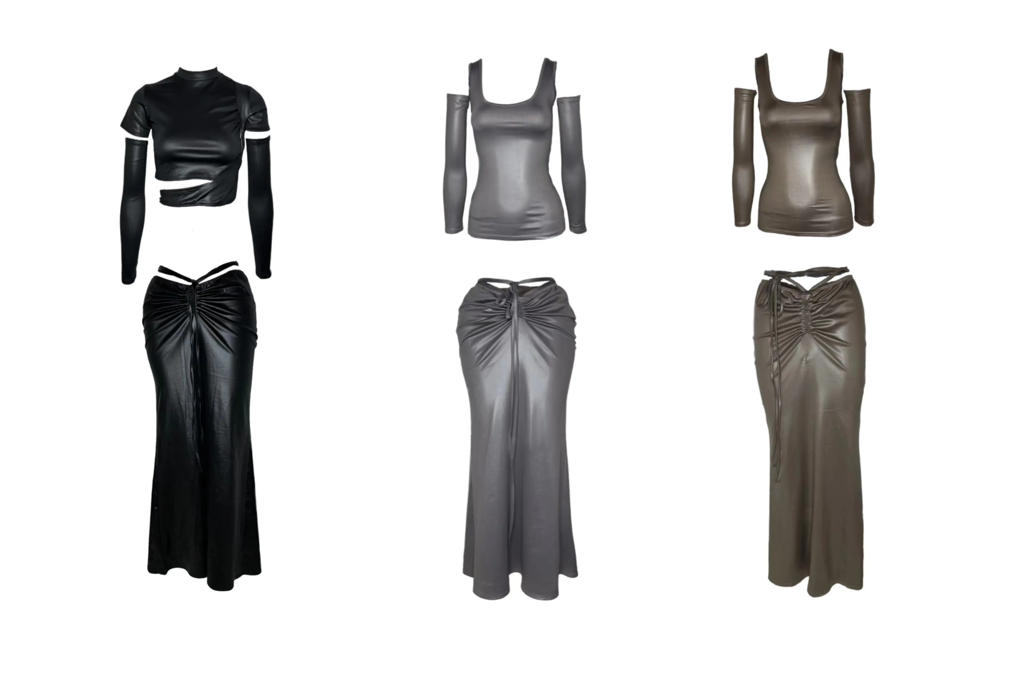 SYNEZ Solid Color Metallic Slim Cropped Top + Drawstring Tie Up Fishtail Long Skirt Matching Set