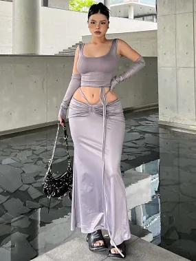 SYNEZ Solid Color Metallic Slim Cropped Top + Drawstring Tie Up Fishtail Long Skirt Matching Set