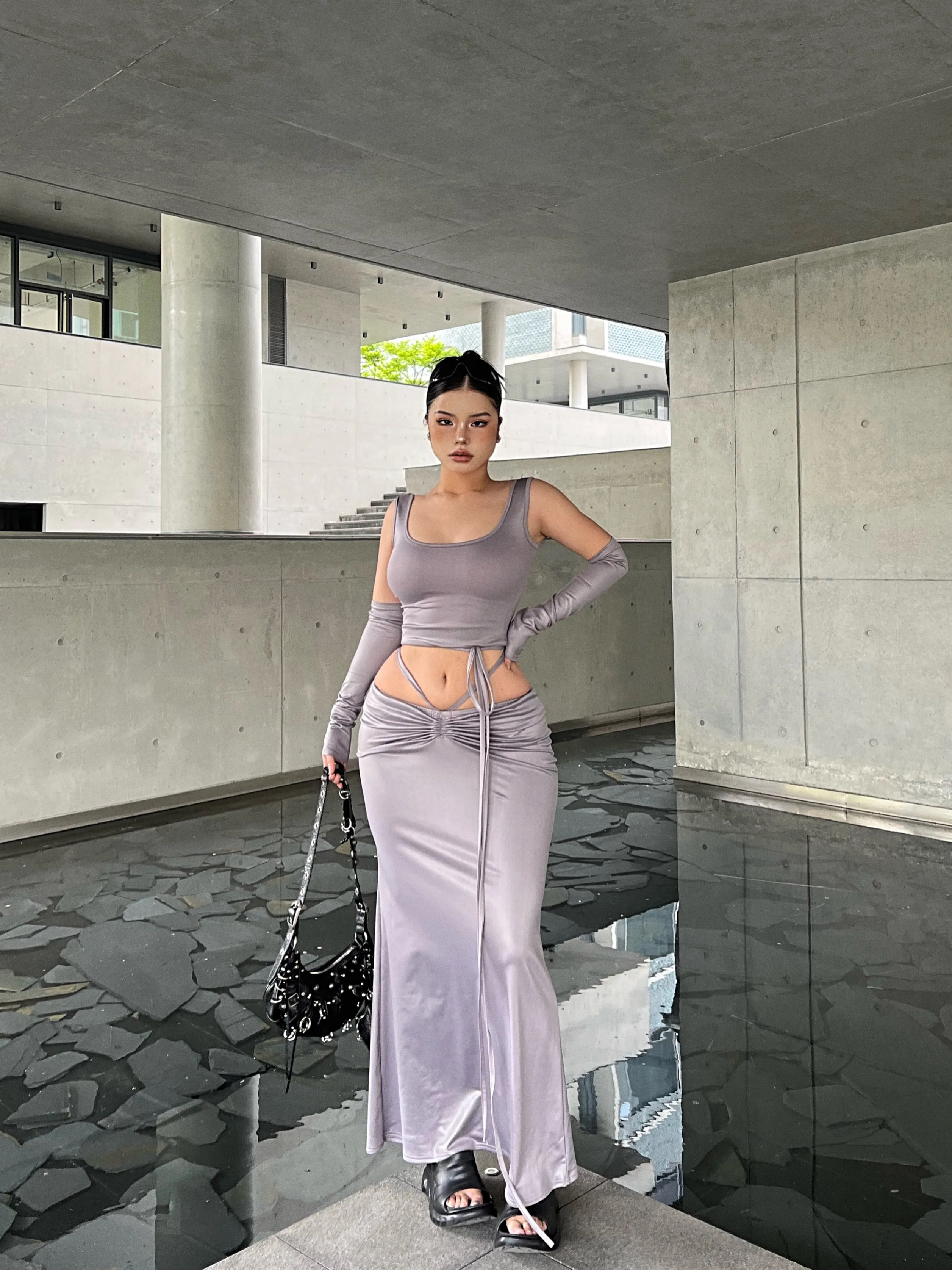 SYNEZ Solid Color Metallic Slim Cropped Top + Drawstring Tie Up Fishtail Long Skirt Matching Set