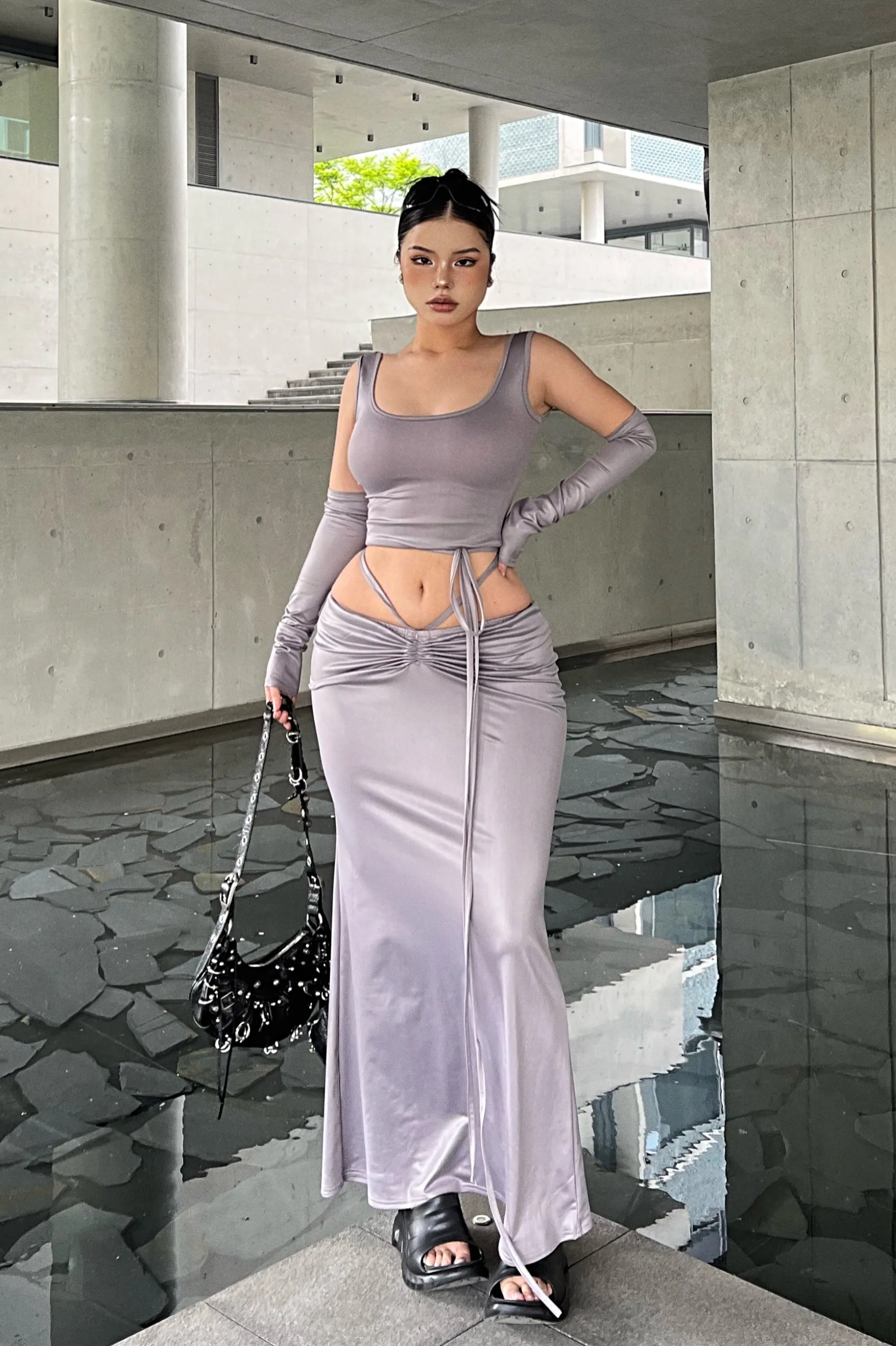 SYNEZ Solid Color Metallic Slim Cropped Top + Drawstring Tie Up Fishtail Long Skirt Matching Set