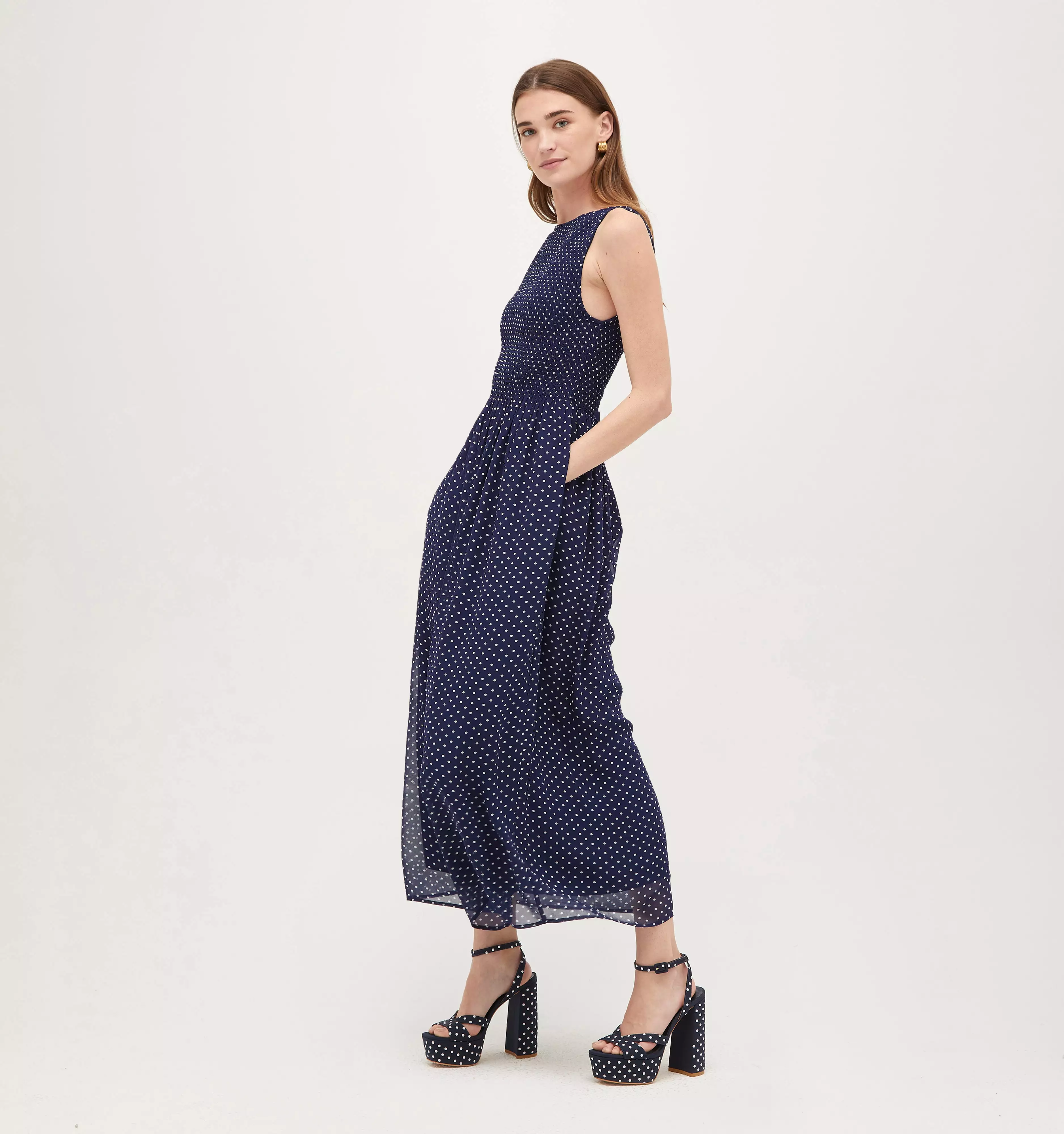 The Cosima Nap Dress - Navy Polka Dot Georgette